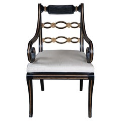 English Regency Caned Riddle Back Ebonized Black & Gold Scrolled Arm Chair 