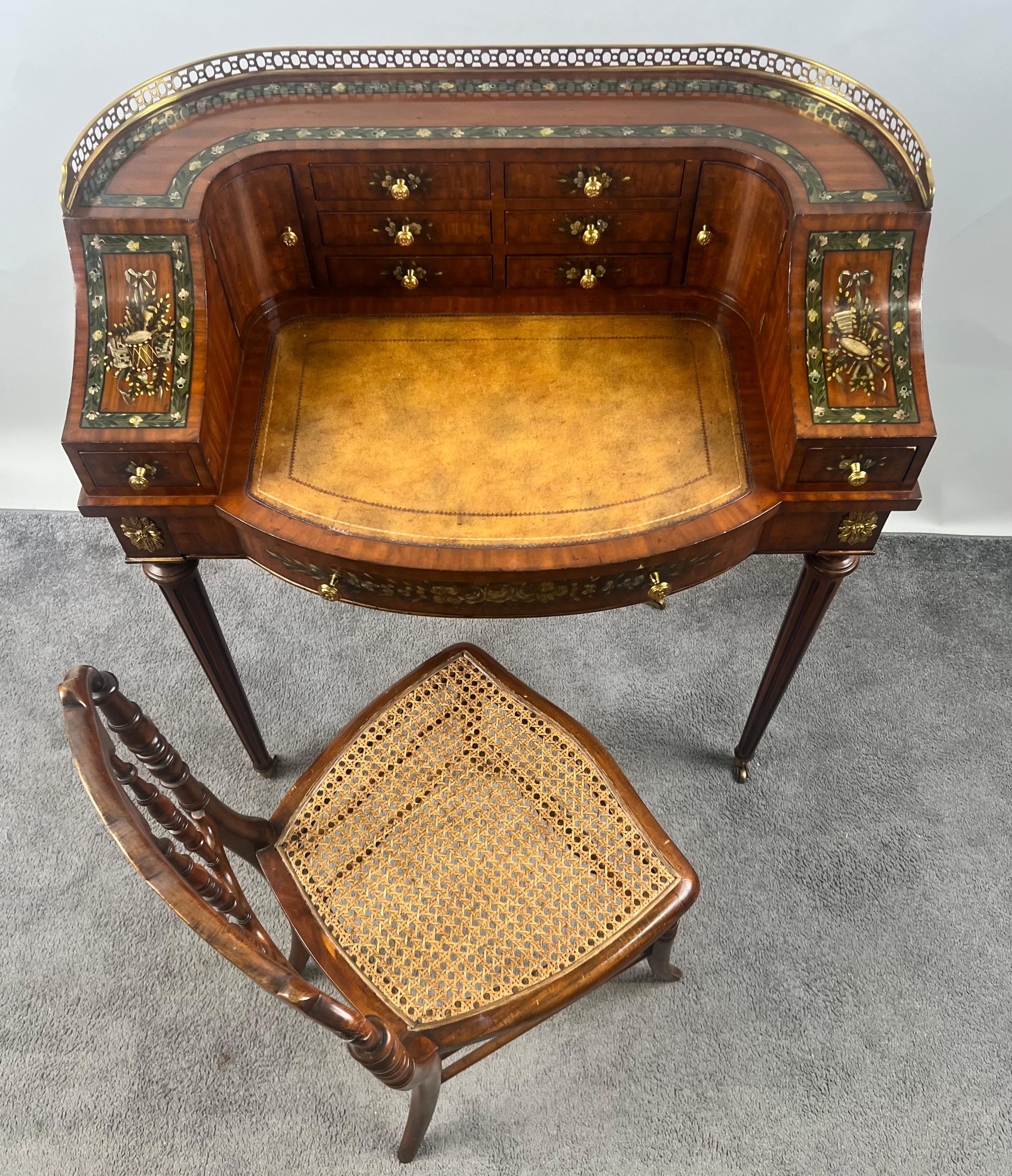 English Regency Carlton House Style Lady Desk & Cane Chair by Maitland Smith For Sale 9