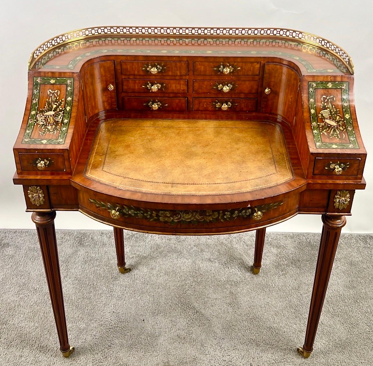 English Regency Carlton House Style Lady Desk & Cane Chair by Maitland Smith : 
A charming and finely crafted English Regency style Carlton House lady’s writing desk by Maitland Smith , presented in a desirable petite size and accompanied by a