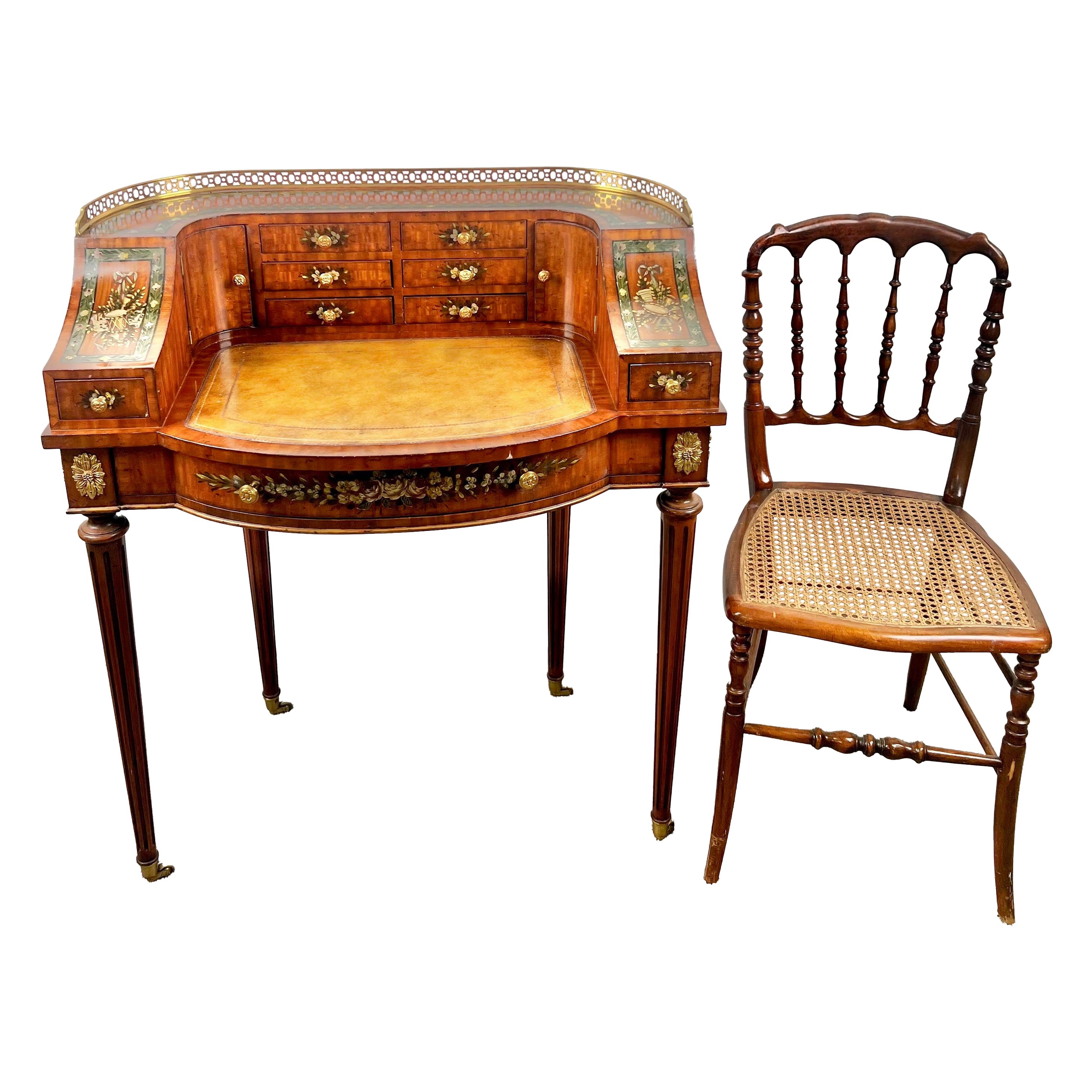 English Regency Carlton House Style Lady Desk & Cane Chair by Maitland Smith For Sale