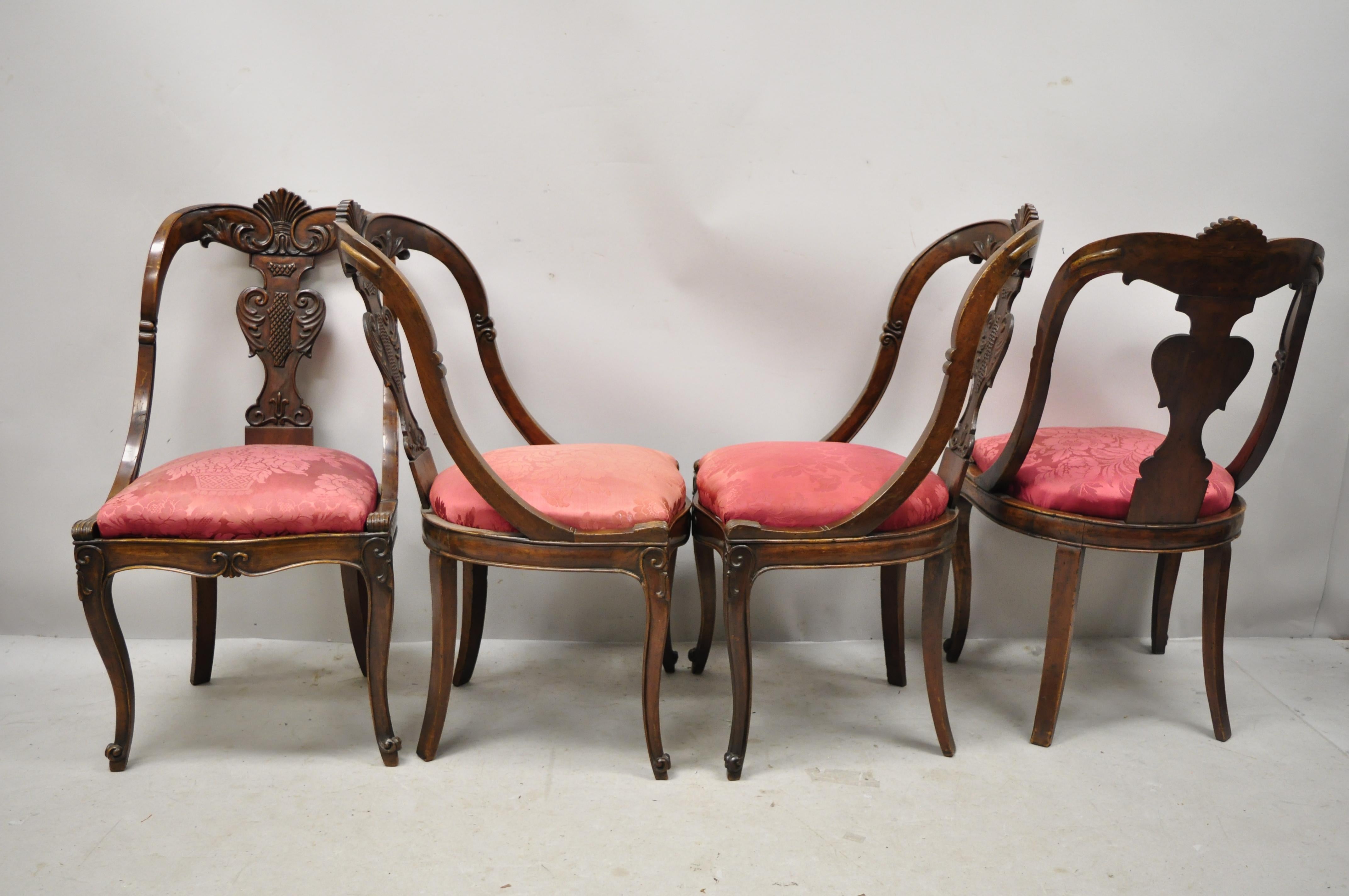 19th Century English Regency Carved Mahogany Curved Back Dining Side Chairs, Set of 4
