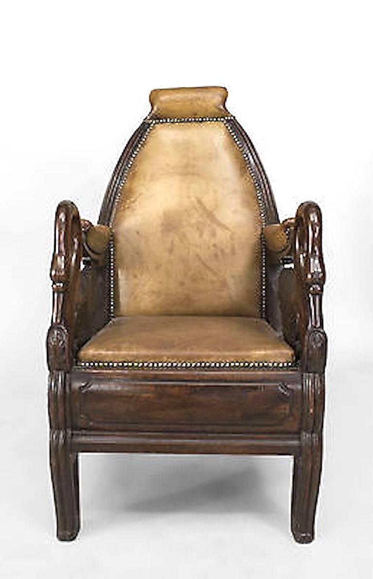 English Regency carved mahogany swan design arm chair with nail heads and yellow leather upholstery
