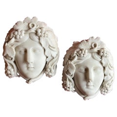 English Regency Carved White Statuary Marble Masks of Classical Youths - a Pair