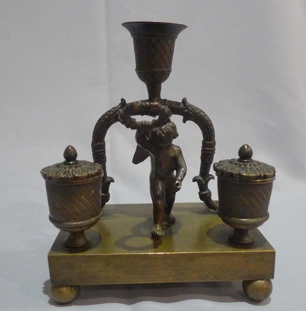 Patinated English Regency Cherub Inkwell with Candleholder For Sale