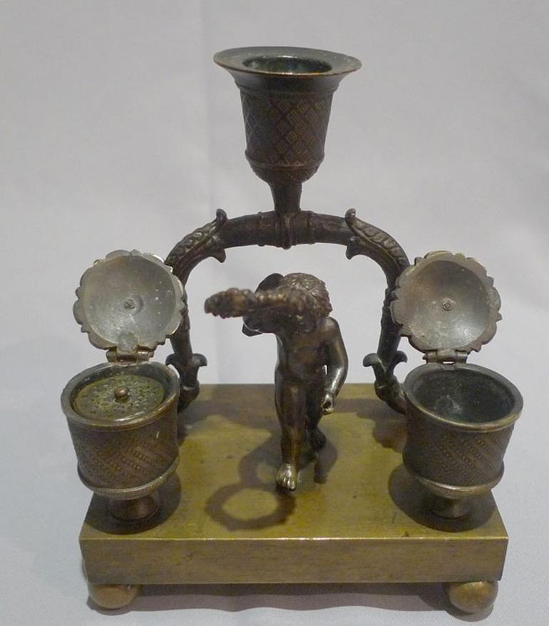 Bronze English Regency Cherub Inkwell with Candleholder For Sale