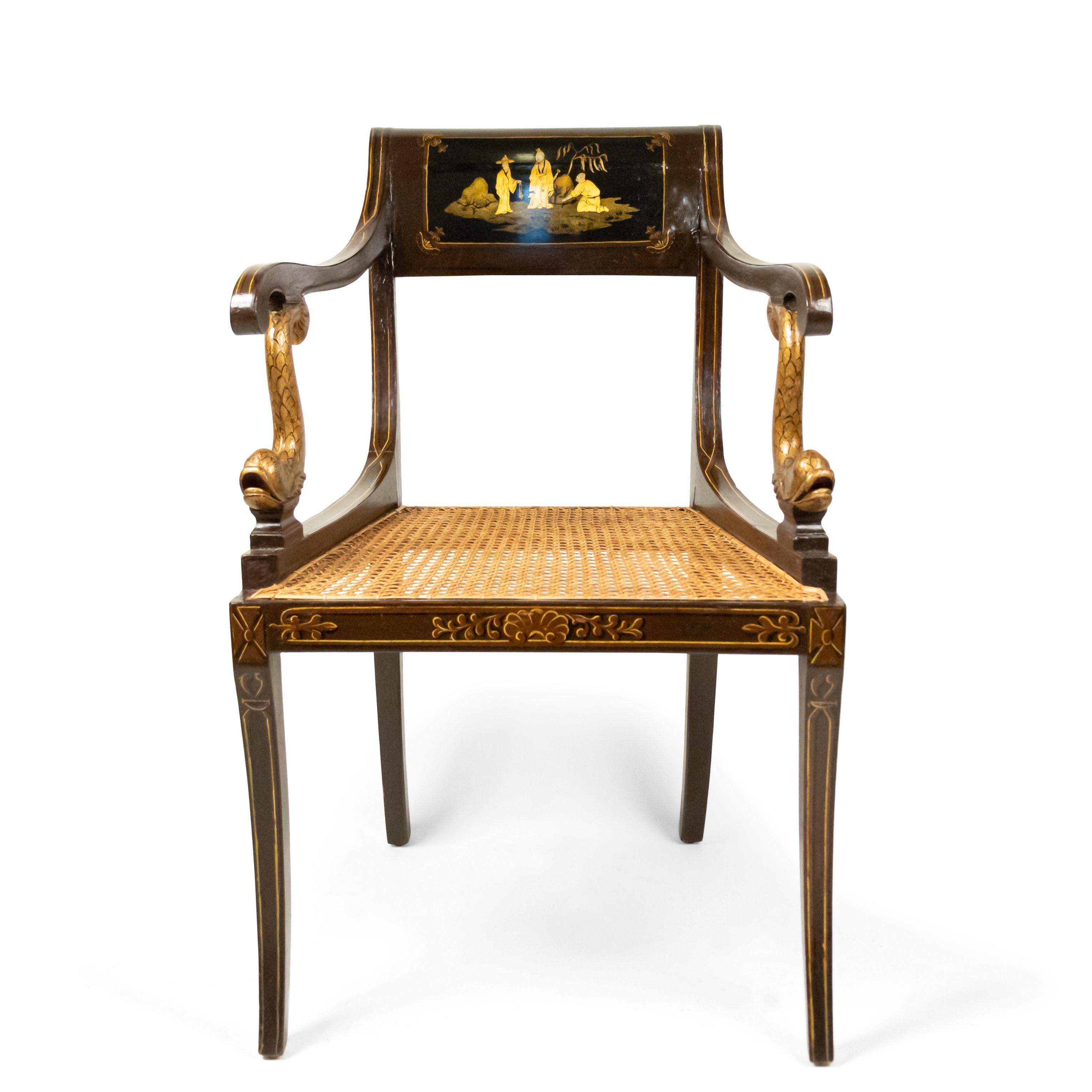 Pair of English Regency brown lacquered chinoiserie design armchairs with dolphin arms.