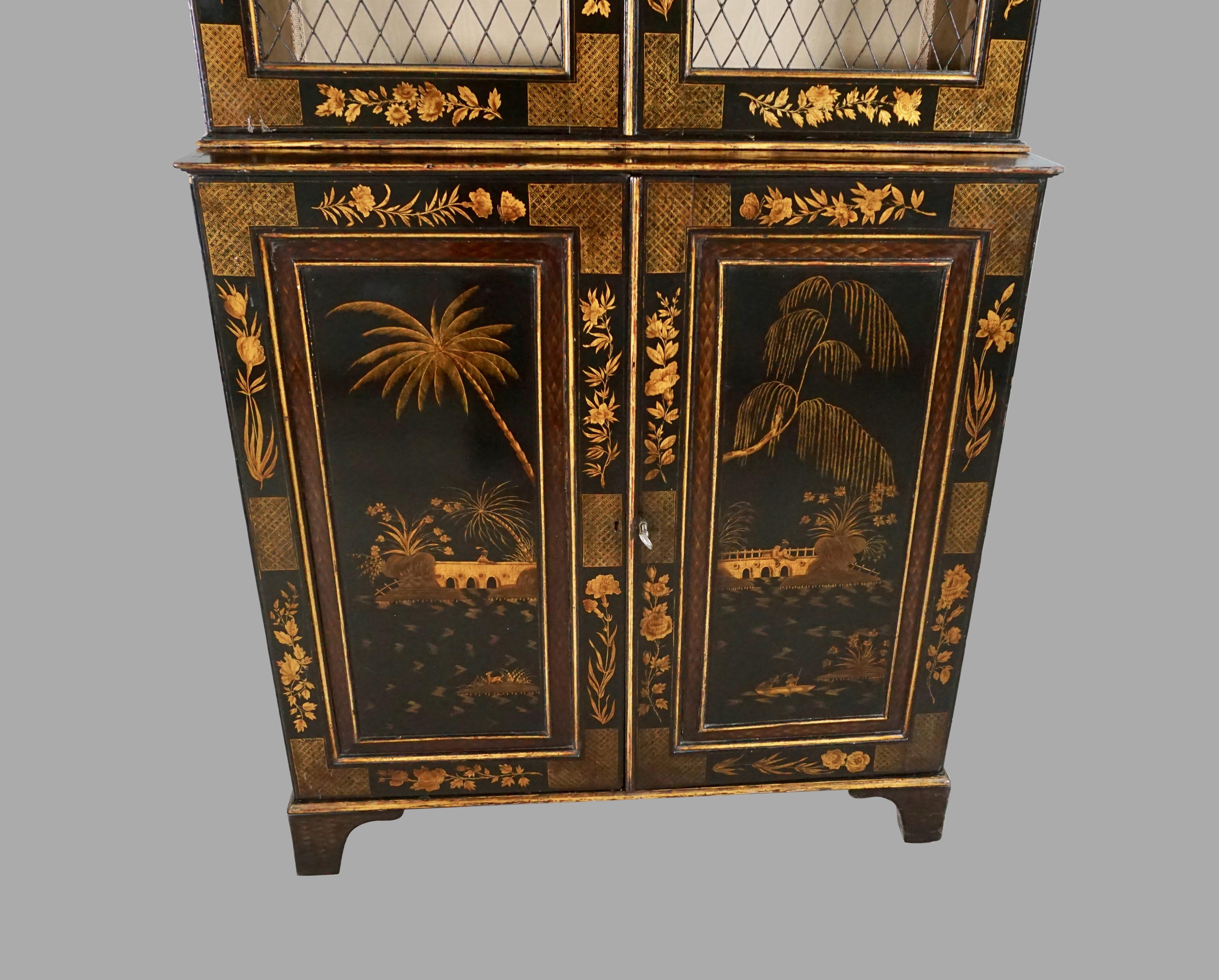 Mid-19th Century English Regency Chinoiserie Black and Gilt Bookcase Cabinet