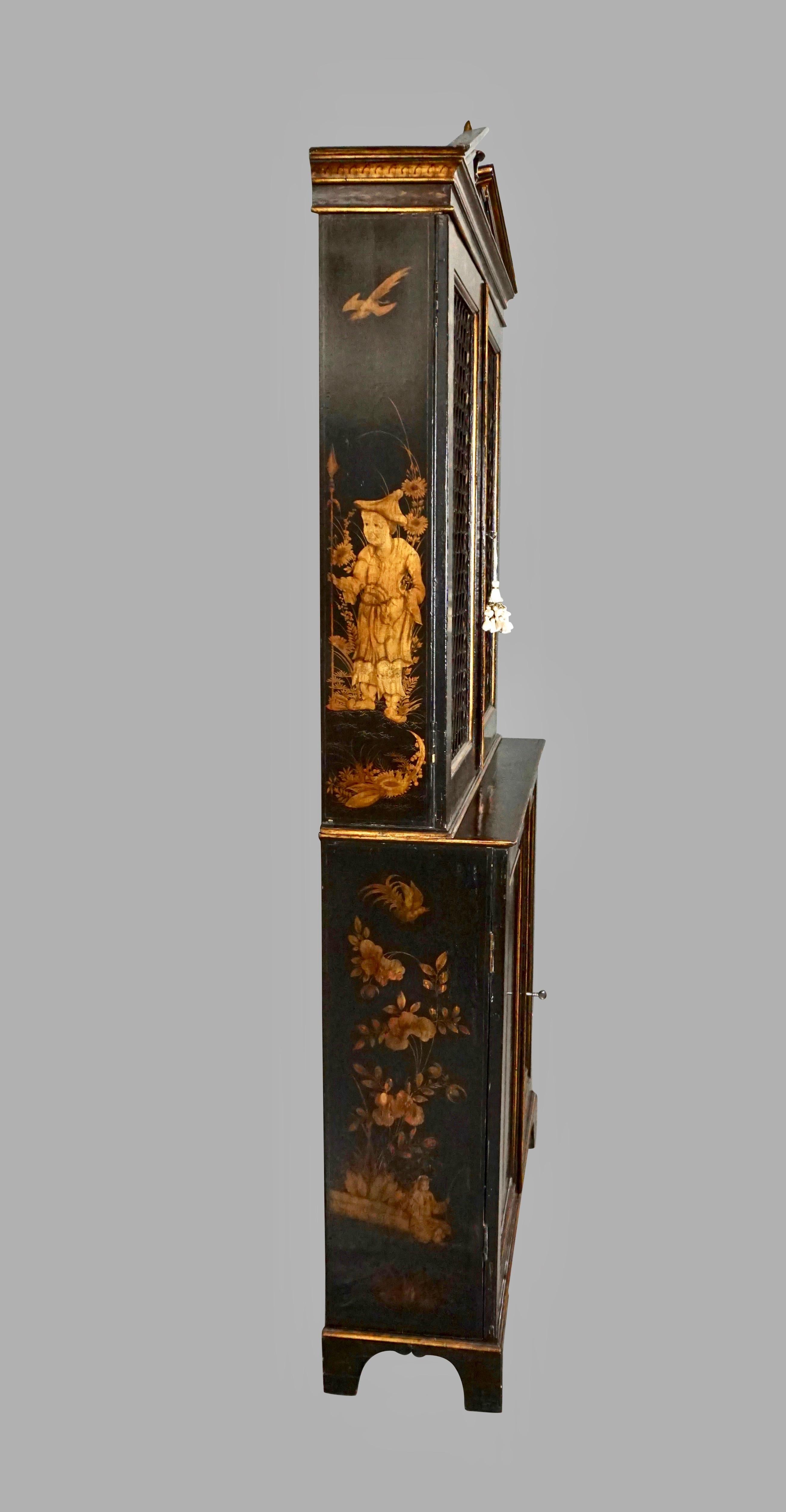 Linen English Regency Chinoiserie Black and Gilt Bookcase Cabinet