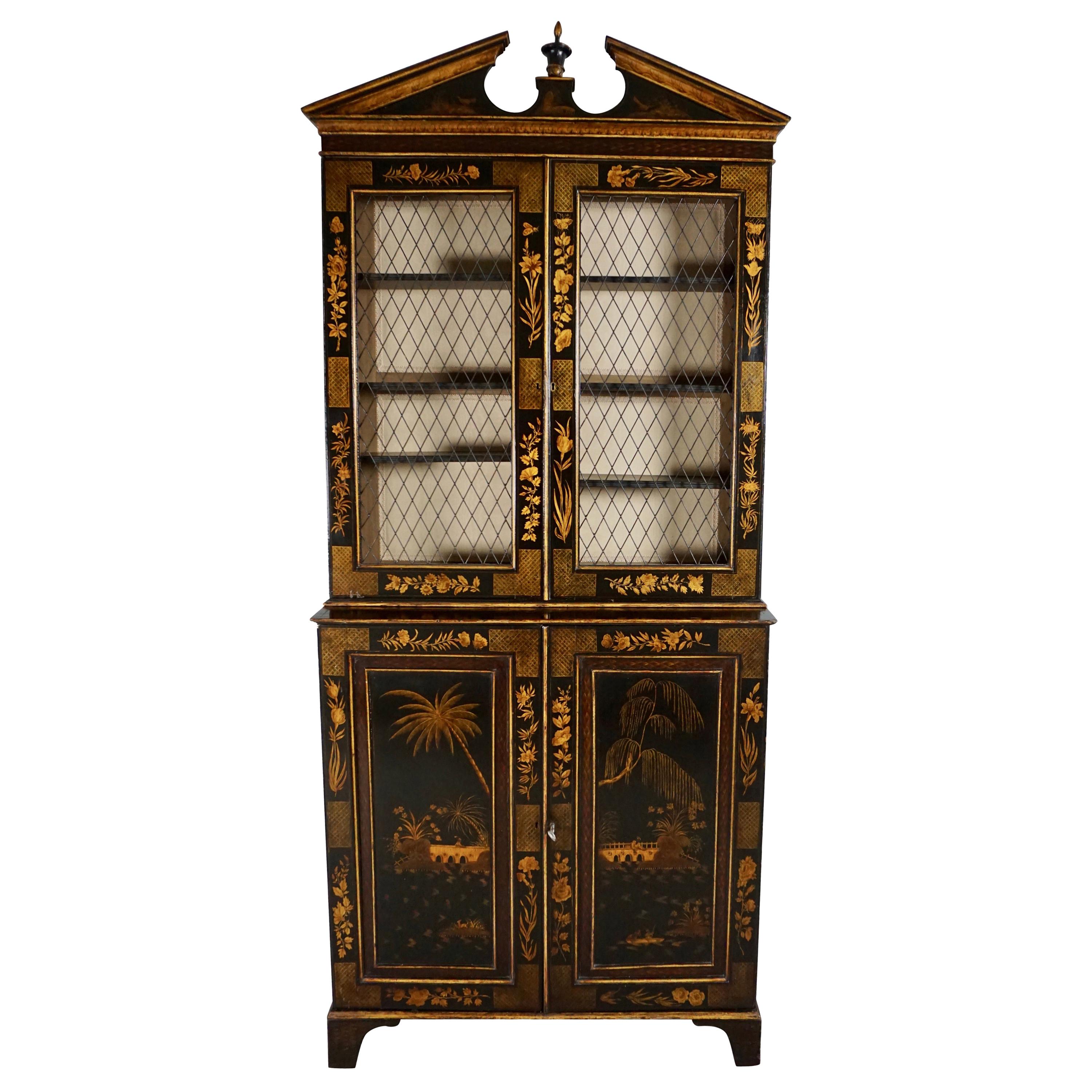 English Regency Chinoiserie Black and Gilt Bookcase Cabinet