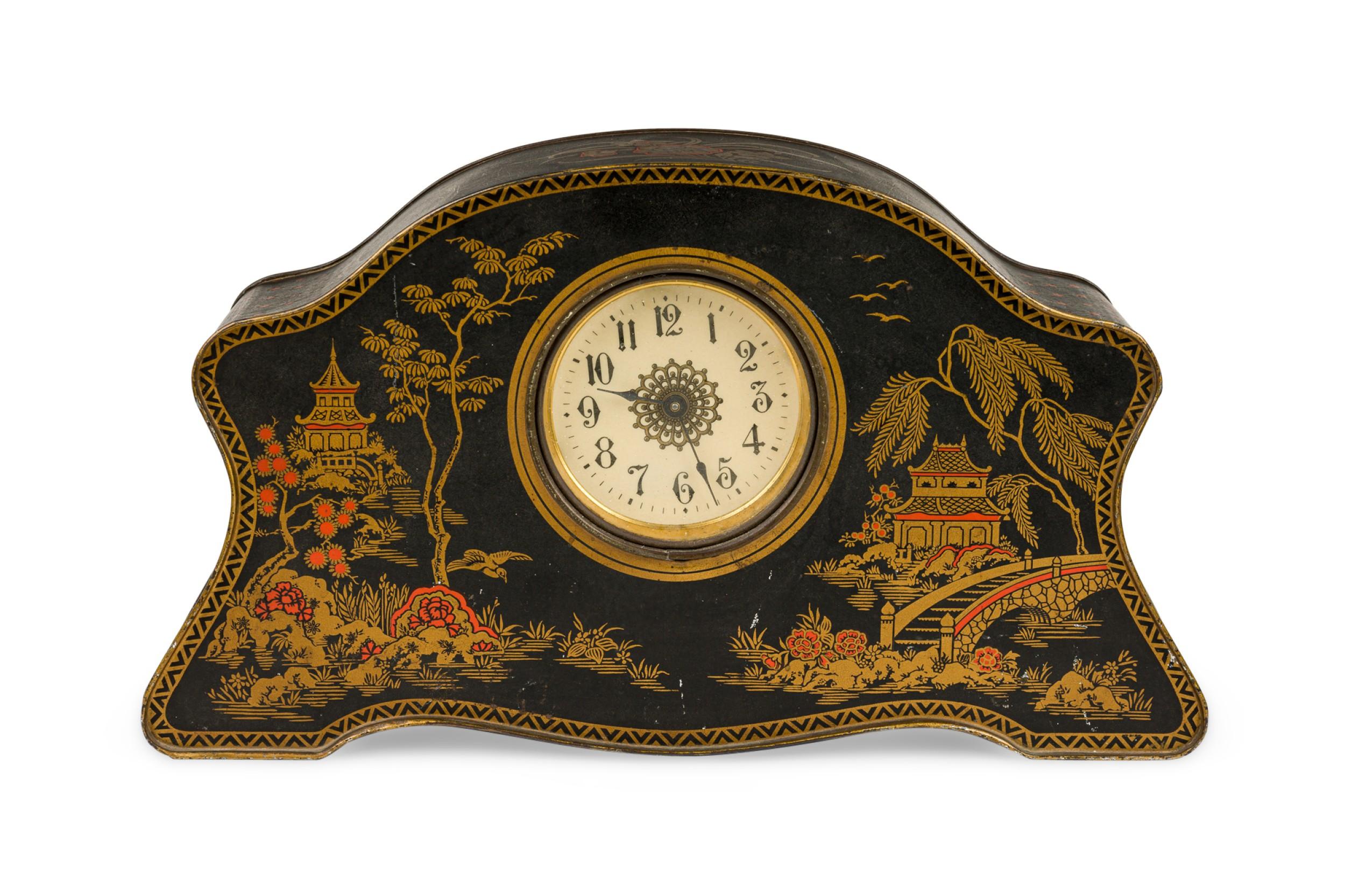 English Regency-style (19/20th Century) Chinoiserie decorated shaped tole clock and pair of vases (vases: 5
