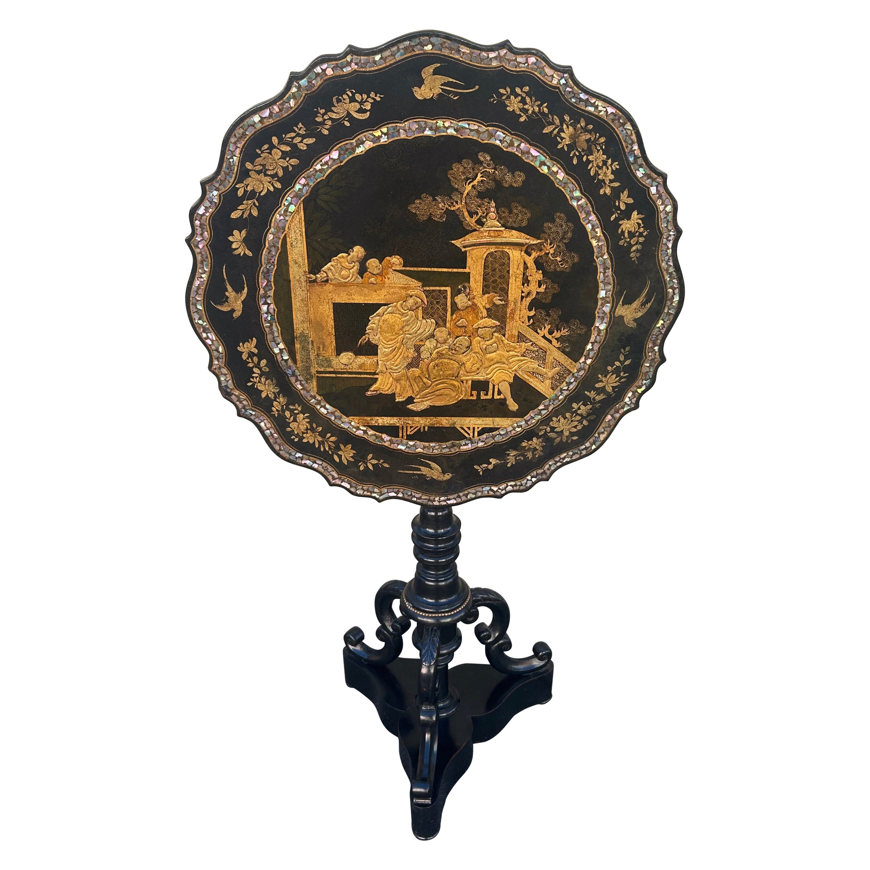 English Regency Chinoiserie Gilt Figural 
Mother of Pearl Inlaid Table, C. 1815 For Sale