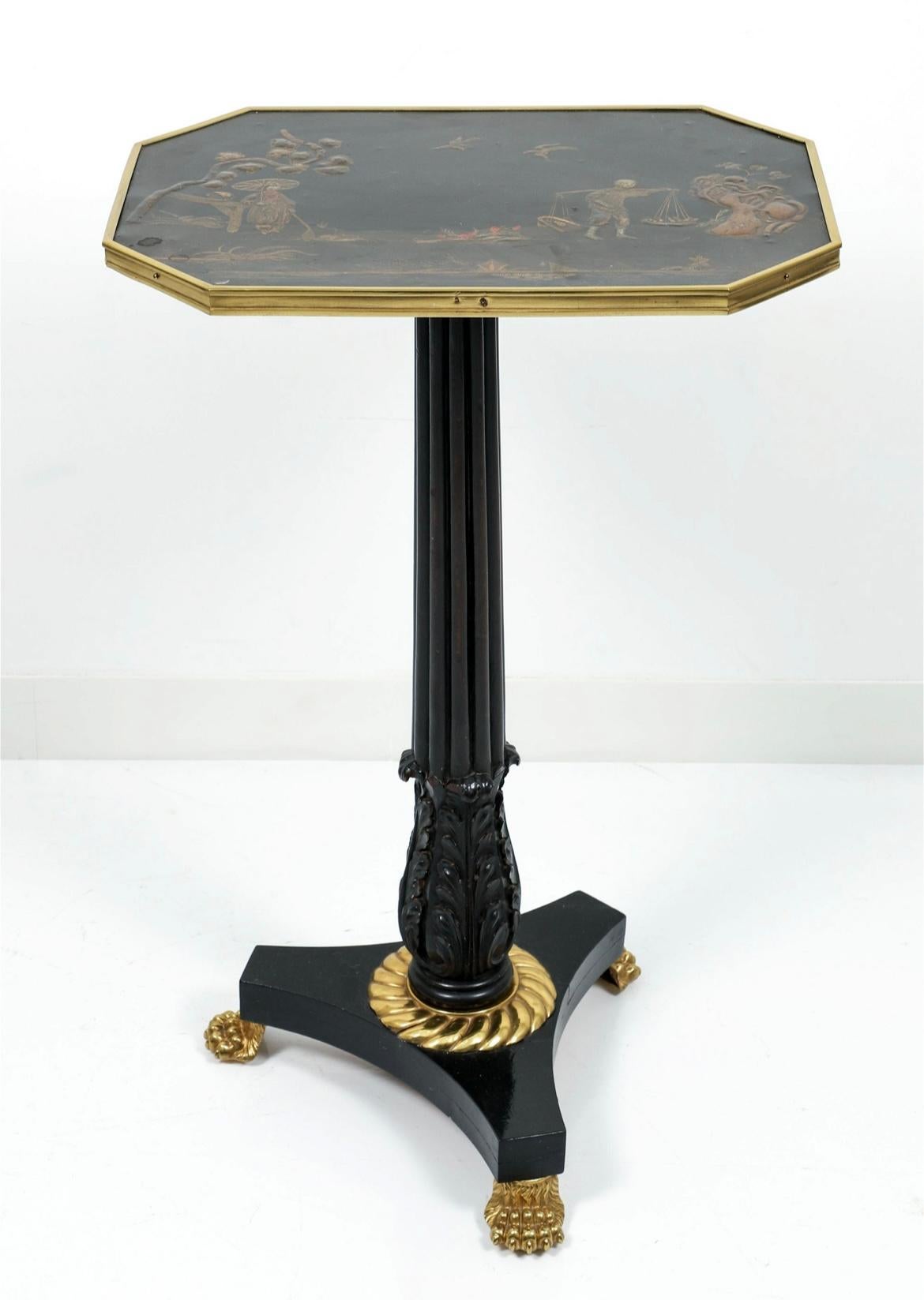 English Regency Chinoiserie Lacquer Top Ebonized Brass Mounted Stand, circa 1820 For Sale 4