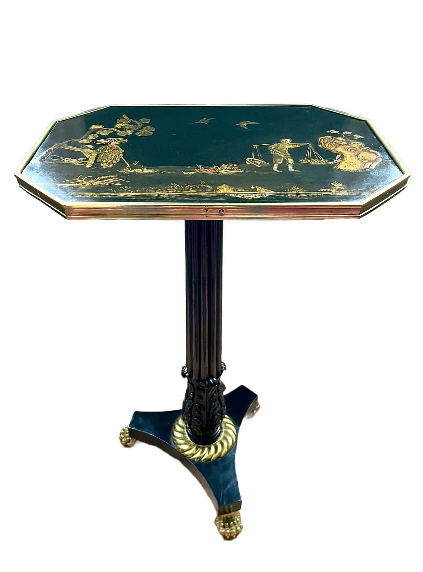 English Regency Chinoiserie Lacquer Top Ebonized Brass Mounted Stand, circa 1820 For Sale 7
