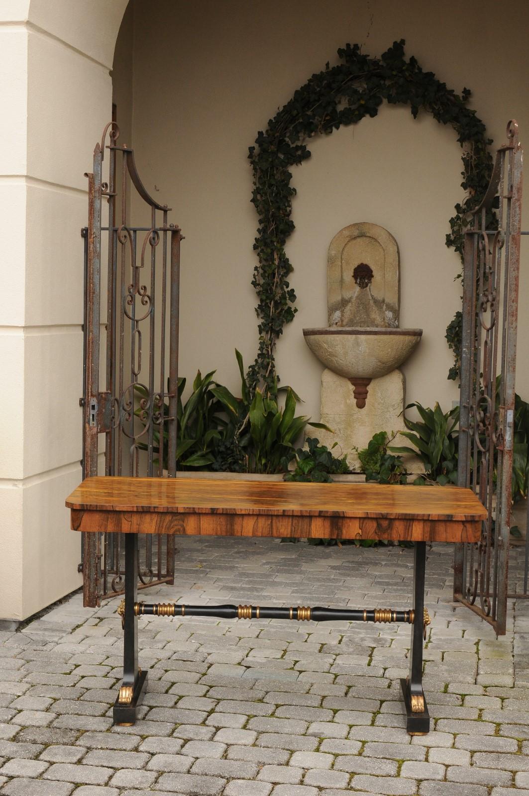 English Regency Console Table circa 1830 with Rosewood Top and Ebonized Base In Good Condition For Sale In Atlanta, GA