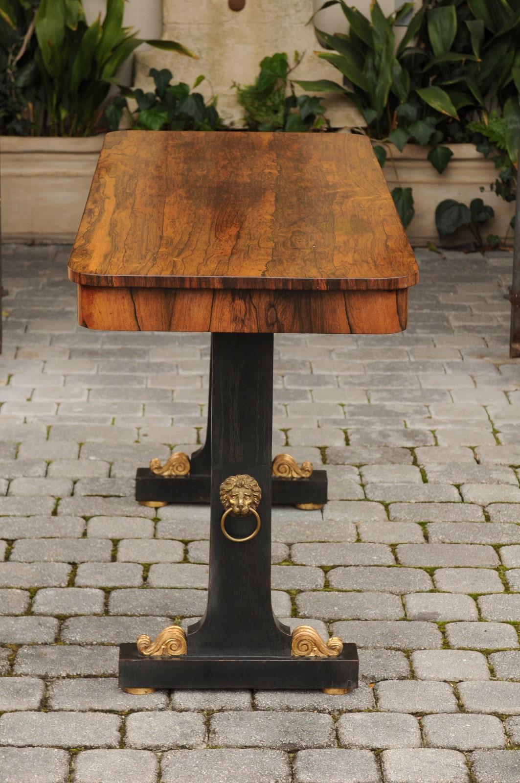 English Regency Console Table circa 1830 with Rosewood Top and Ebonized Base For Sale 3