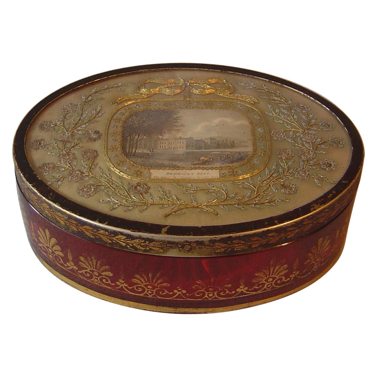 English Regency Cranberry Glass and Toleware Box with Inset Embroidery For Sale
