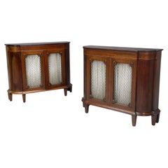 English Regency, Demilune Cabinets, Mahogany, Brass, Fabric, England, 20th c.