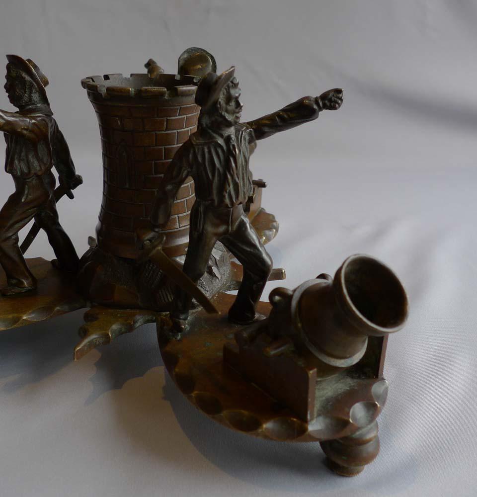 Patinated English Regency Desk Set in Form of British Sailors Defending a Fort with Mortar For Sale