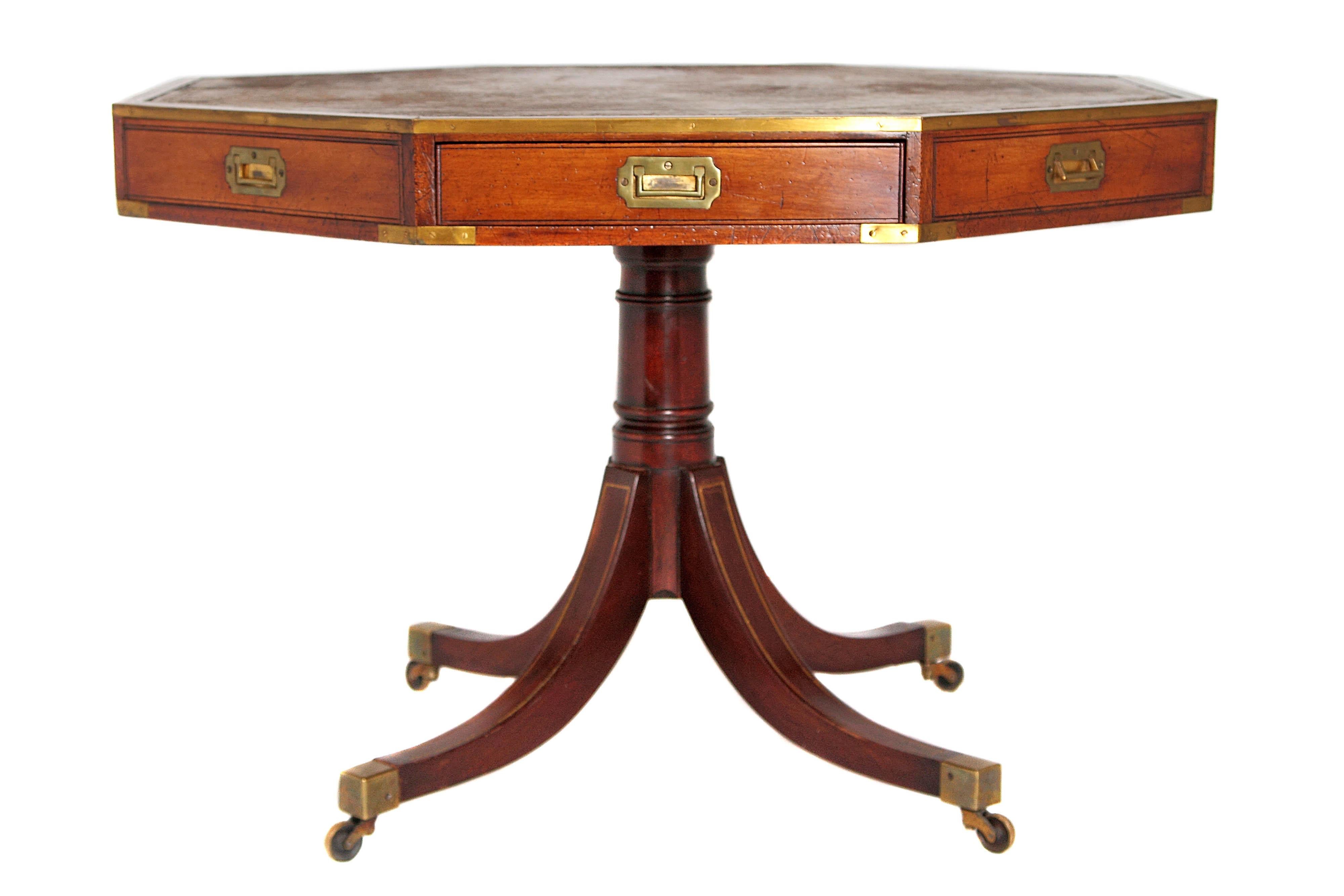 English Regency Drum Table with Brass Campaign-Style Hardware / Fittings 5