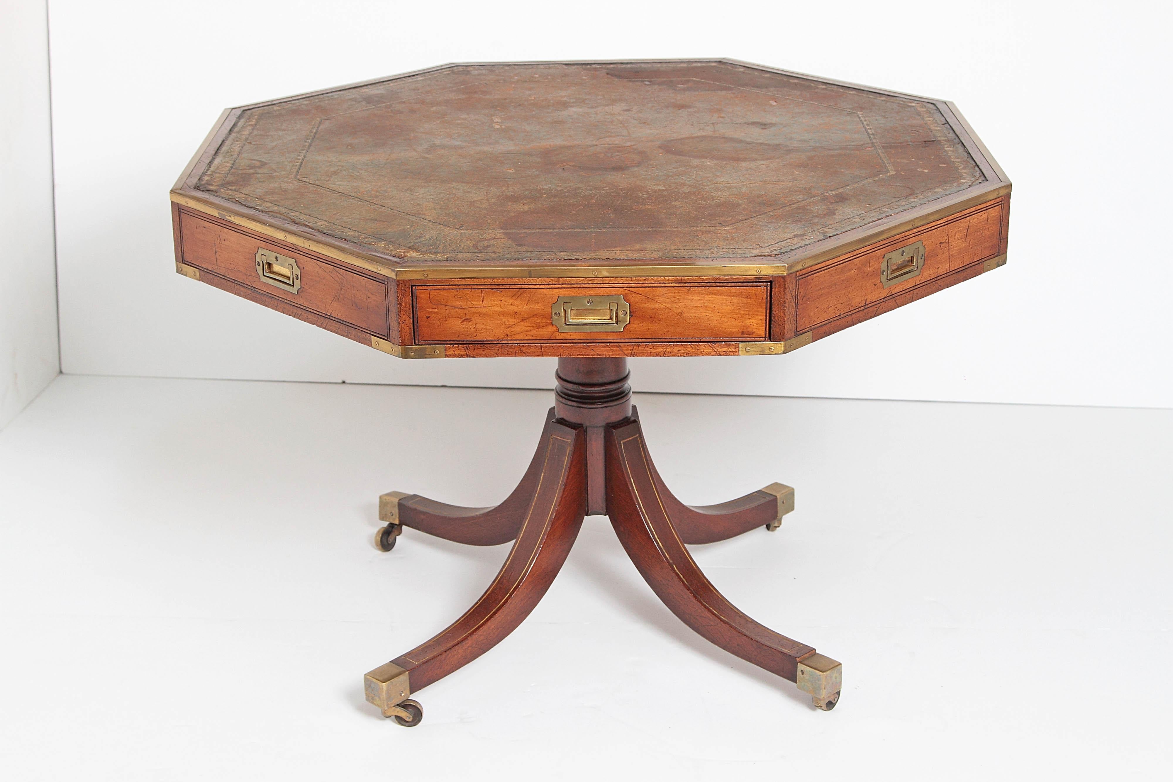 Cast English Regency Drum Table with Brass Campaign-Style Hardware / Fittings