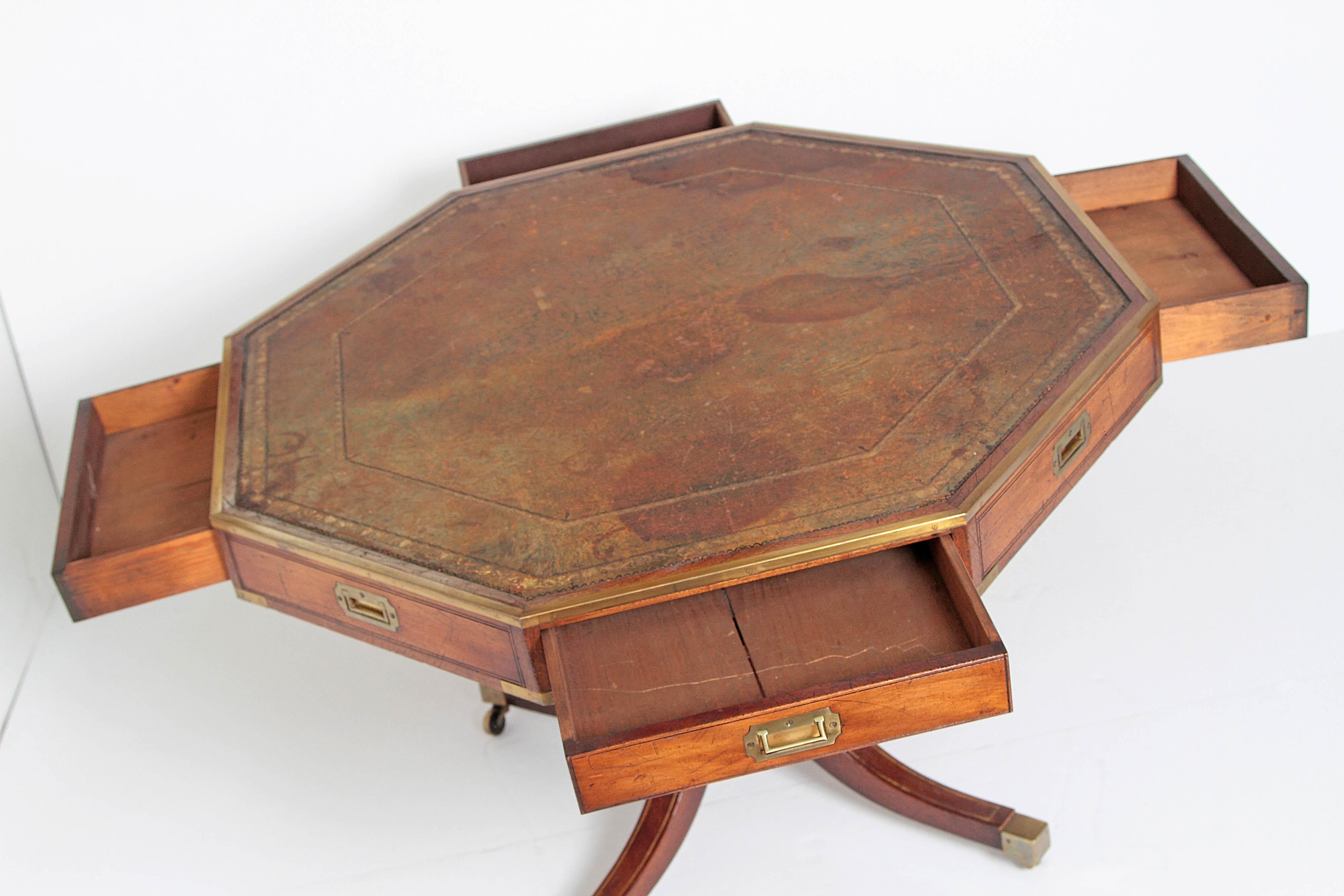 19th Century English Regency Drum Table with Brass Campaign-Style Hardware / Fittings