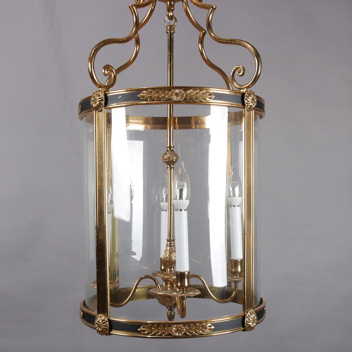 Cast English Regency Ebonized Bronze & Bent Glass 4-Candle Pendant Light 20th Century