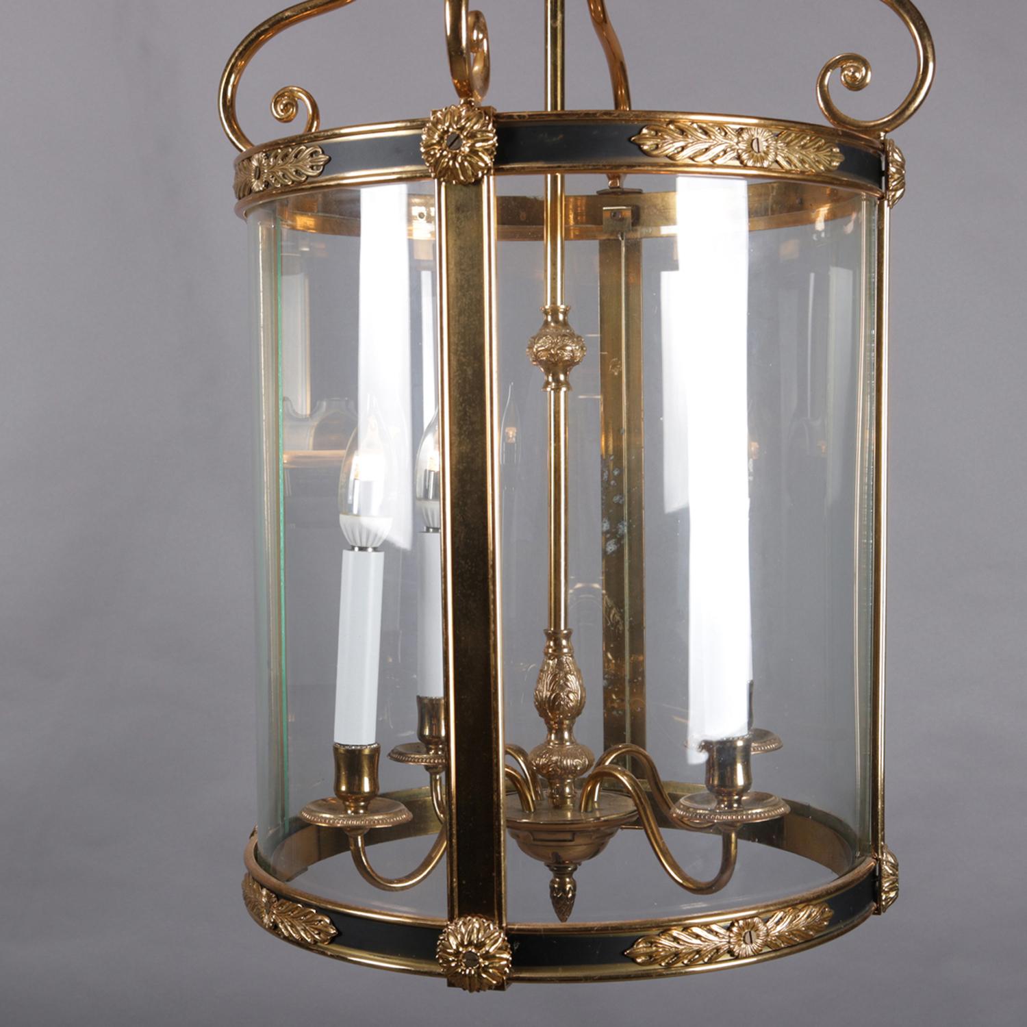 English Regency Ebonized Bronze & Bent Glass 4-Candle Pendant Light 20th Century In Good Condition In Big Flats, NY