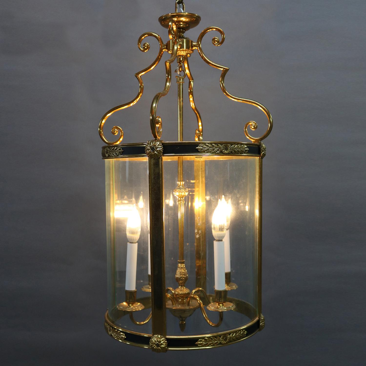 English Regency Ebonized Bronze & Bent Glass 4-Candle Pendant Light 20th Century 1