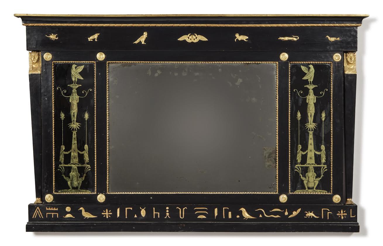 English Regency Egyptian Revival Black and Gold Overmantel Mirror For Sale 1