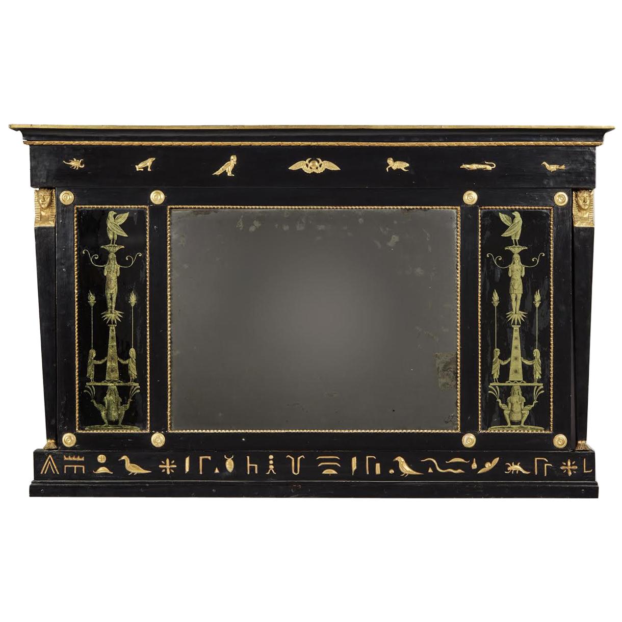 English Regency Egyptian Revival Black and Gold Overmantel Mirror For Sale