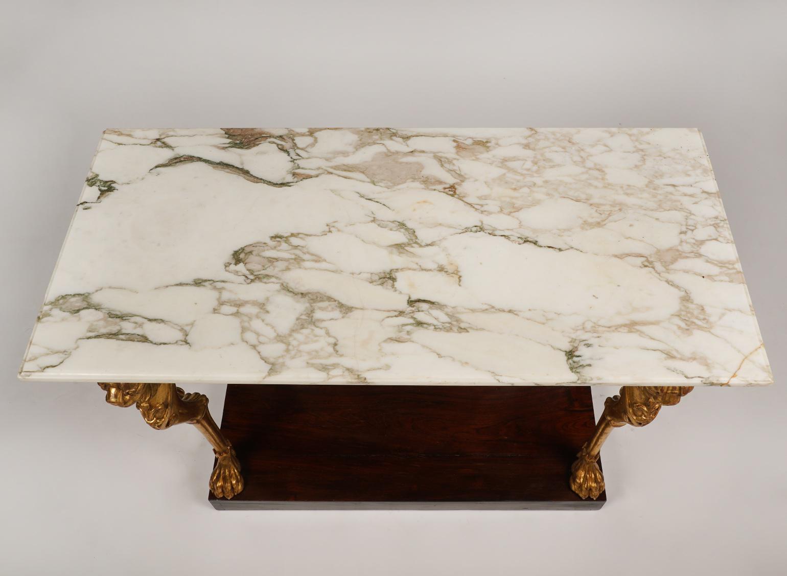 English Regency Rosewood Egyptian Revival Marble Top Giltwood Lion Leg Console Table