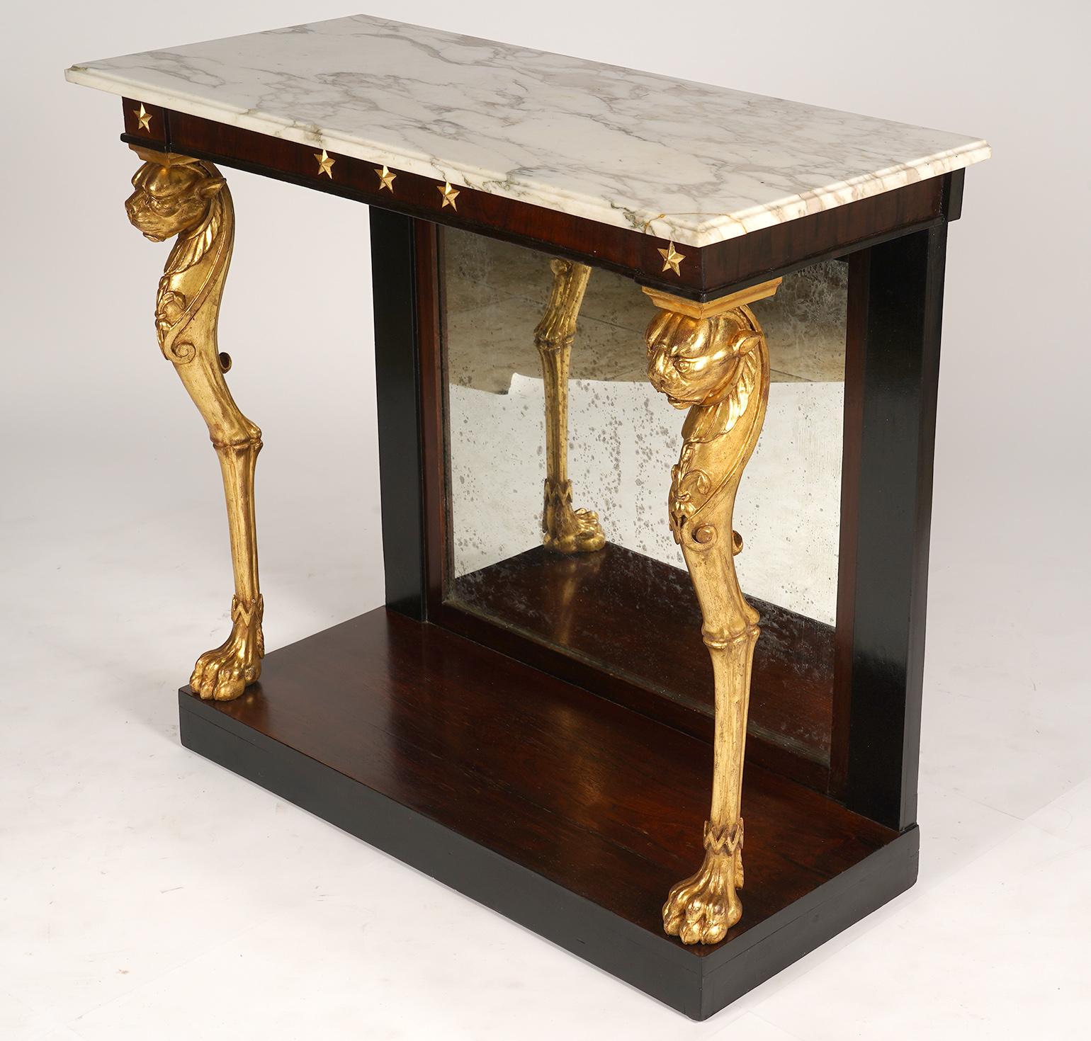 Hand-Carved Regency Rosewood Egyptian Revival Marble Top Giltwood Lion Leg Console Table