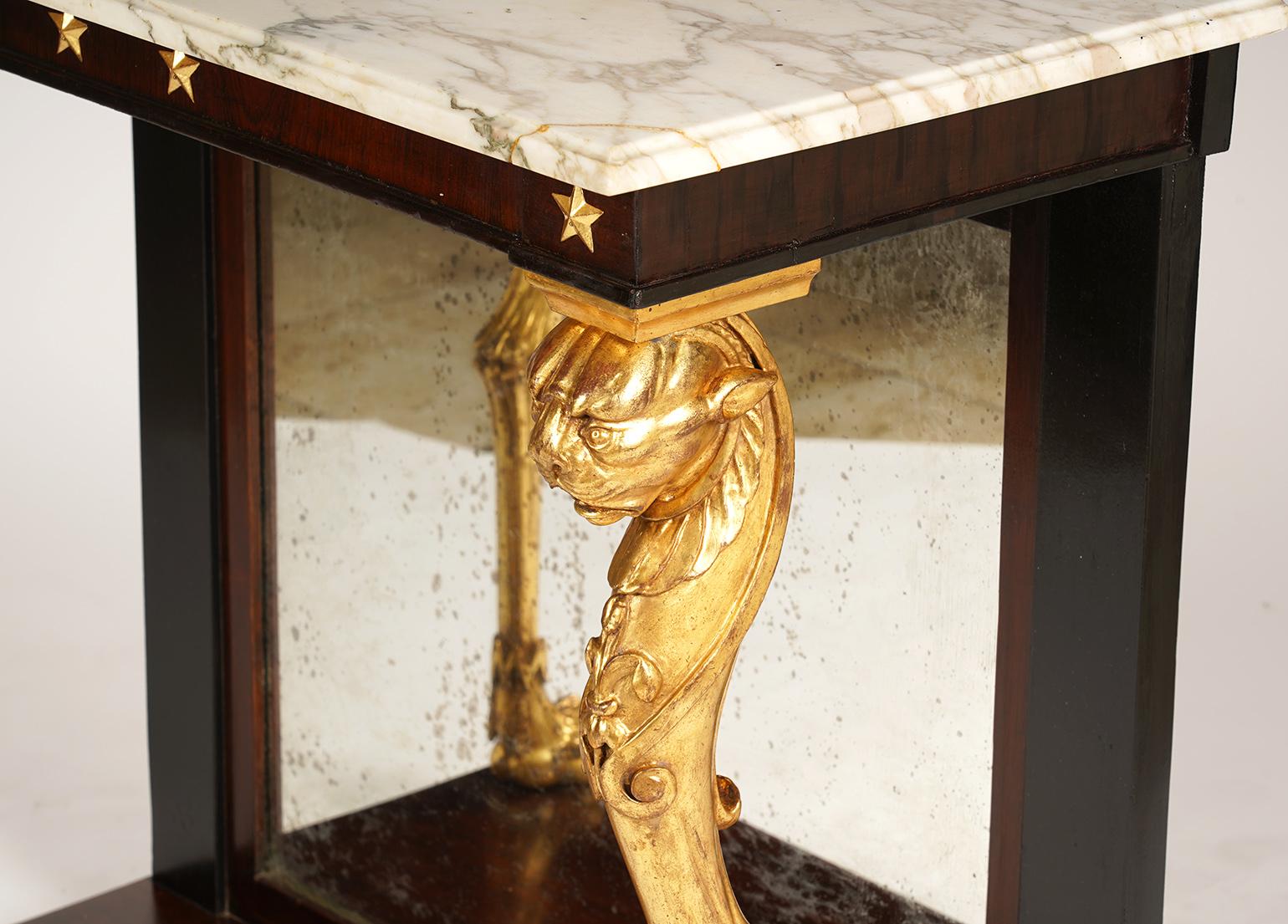 Regency Rosewood Egyptian Revival Marble Top Giltwood Lion Leg Console Table In Good Condition In Ft. Lauderdale, FL