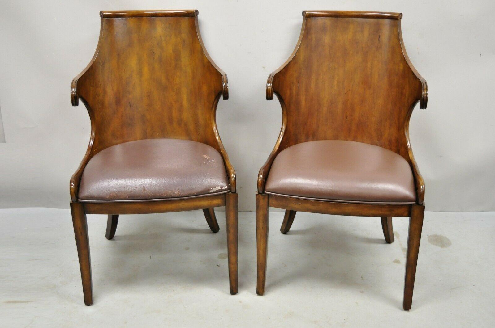 English Regency Empire style wood Barrel back side chairs - a pair. Item features curved barrel backs, saber legs, solid wood construction, beautiful woodgrain, original label, great style and form. Circa Late 20th - Early 21st Century.