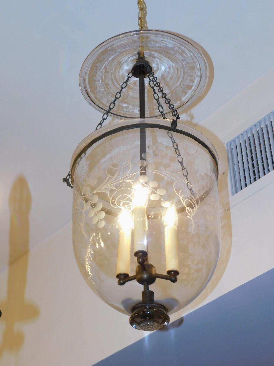 English Regency bronze and etched grapevine blown glass hanging bell jar hall lantern, Early 19th Century