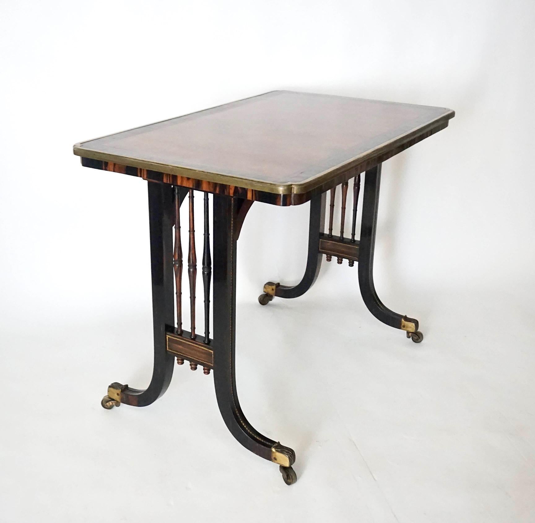 English Regency Brass Mounted Exotic Woods Writing Table, Gillows, circa 1820 For Sale 8