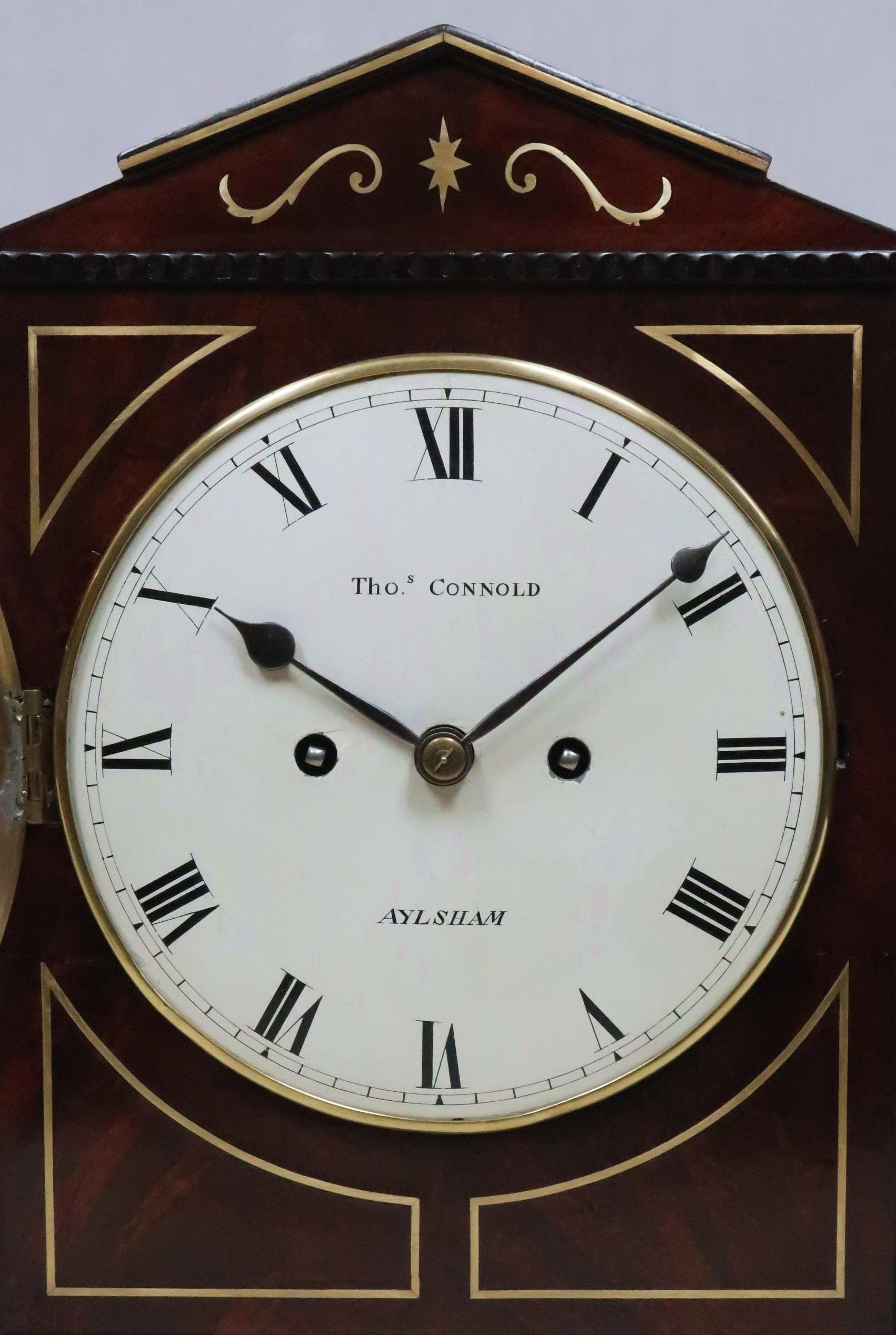 Inlay English Regency Figured Mahogany Bracket Clock by Thomas Connald For Sale