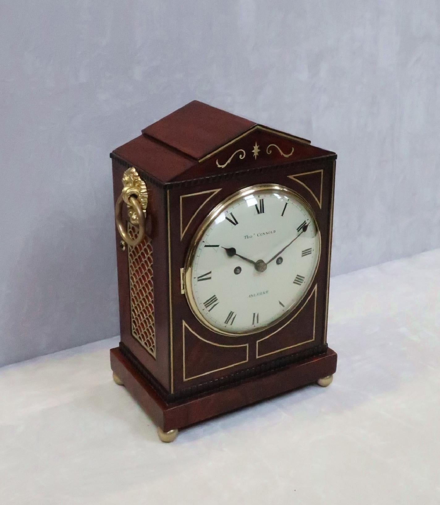 19th Century English Regency Figured Mahogany Bracket Clock by Thomas Connald For Sale