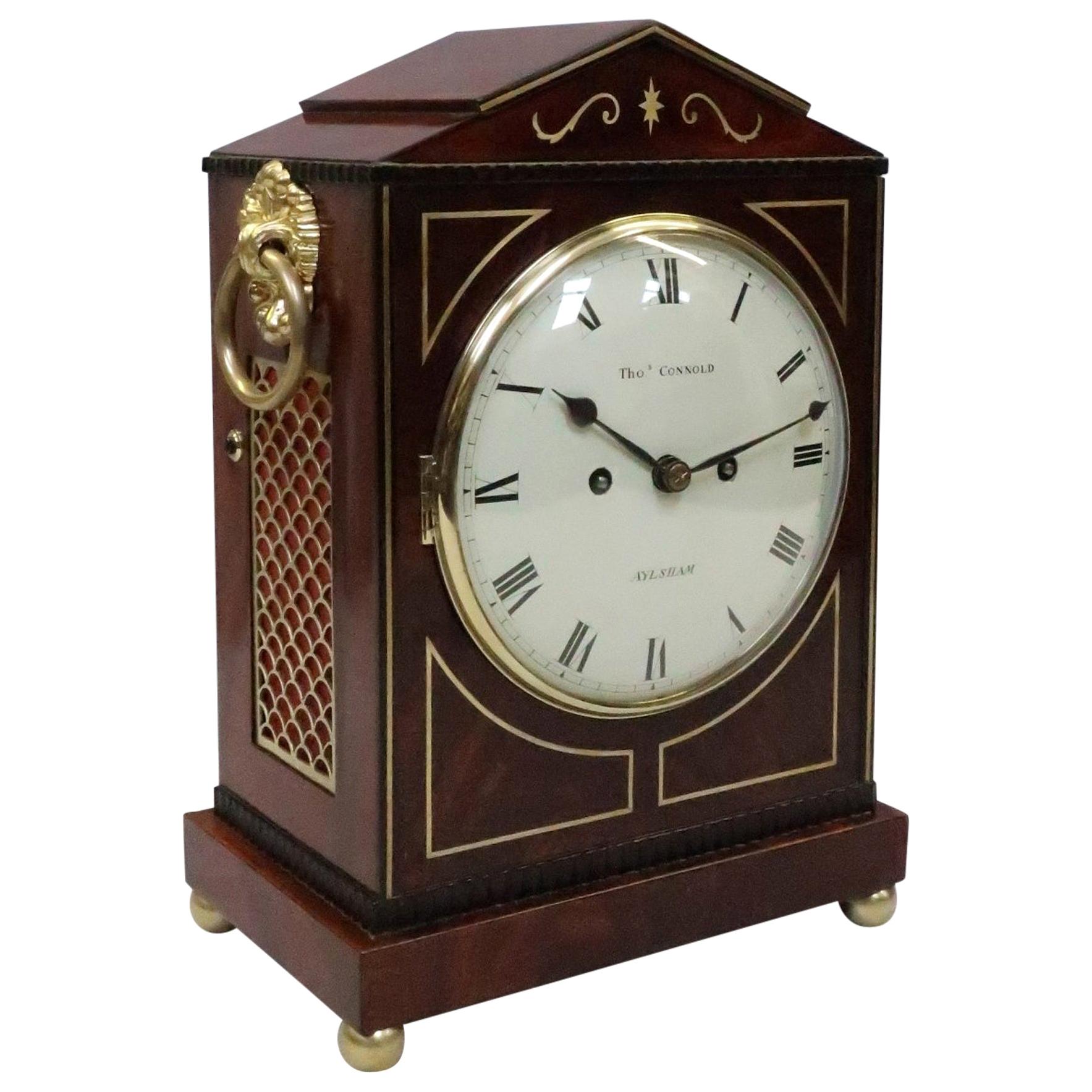 English Regency Figured Mahogany Bracket Clock by Thomas Connald For Sale