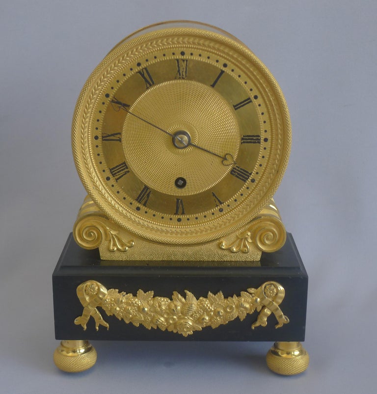 English Regency Fusee Mantel Clock, Viner in Ormolu and Derbyshire Black Marble at 1stDibs