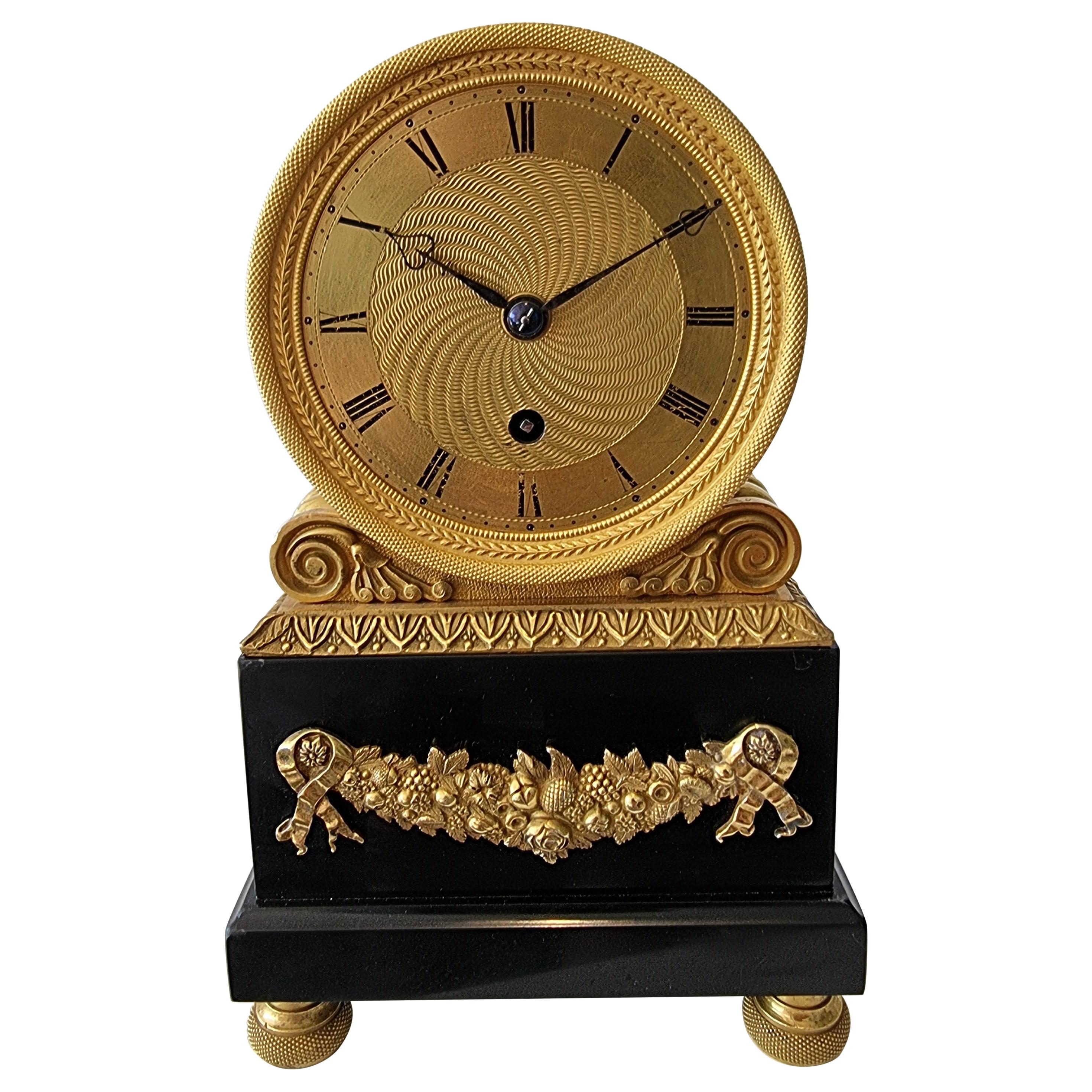 English Regency Fusee Mantel Clock, by Viner in Ormolu and Derbyshire Marble