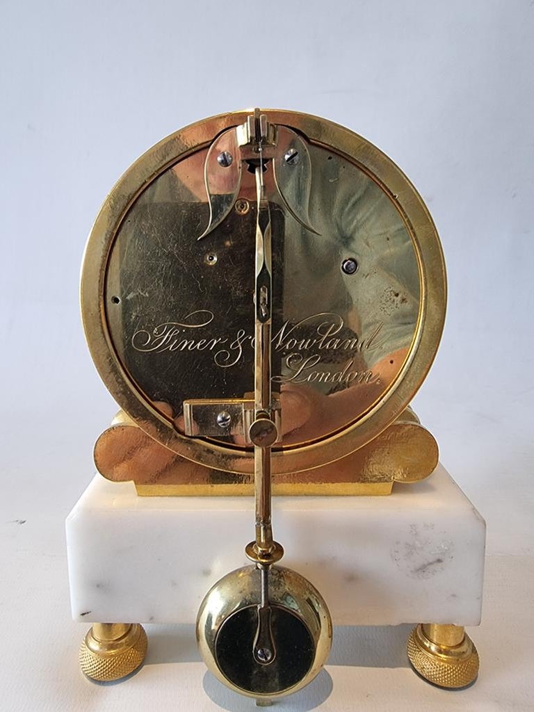 English Regency Fusee Mantel Clock in Ormolu and White Marble by Finer and Nowla For Sale at 1stDibs