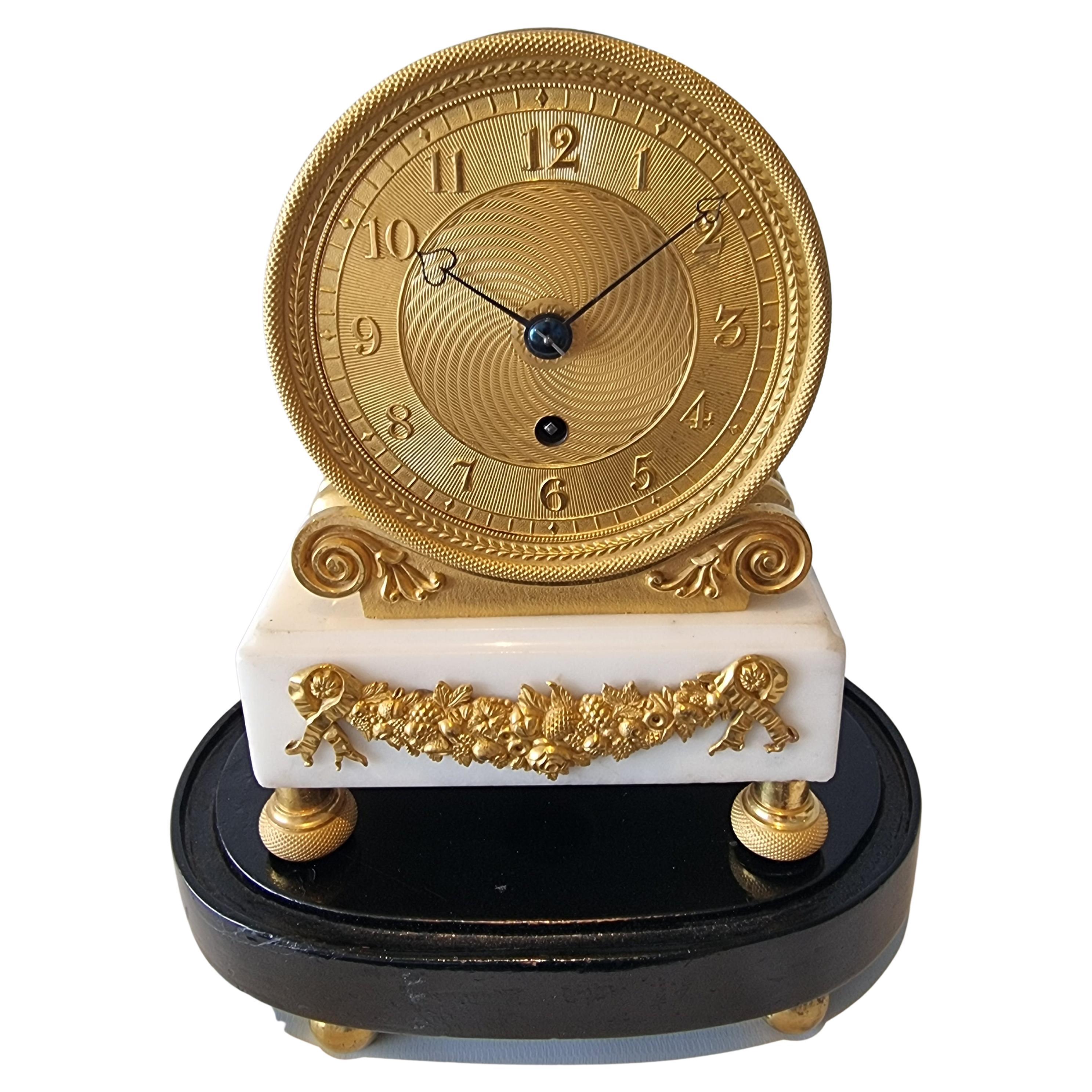 English Regency Fusee Mantel Clock in Ormolu and White Marble by Finer and Nowla For Sale