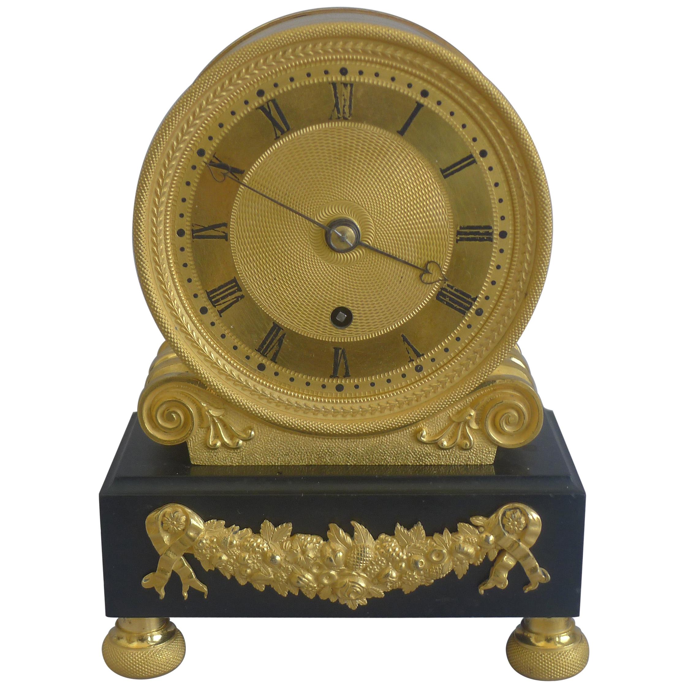 English Regency Fusee Mantel Clock, Viner in Ormolu and Derbyshire