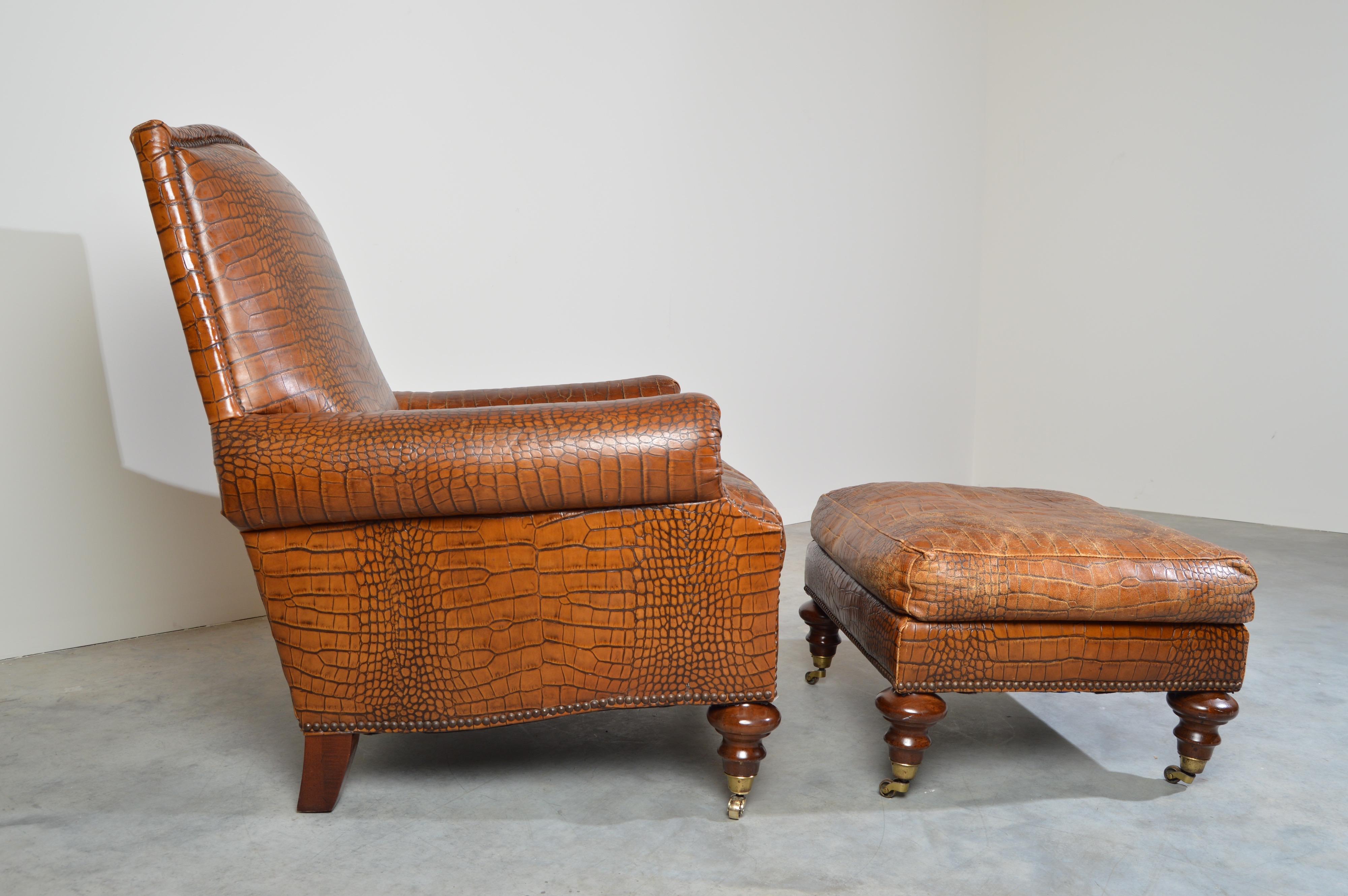 American English Regency Gator Embossed Lounge Chair and Ottoman by Pearson