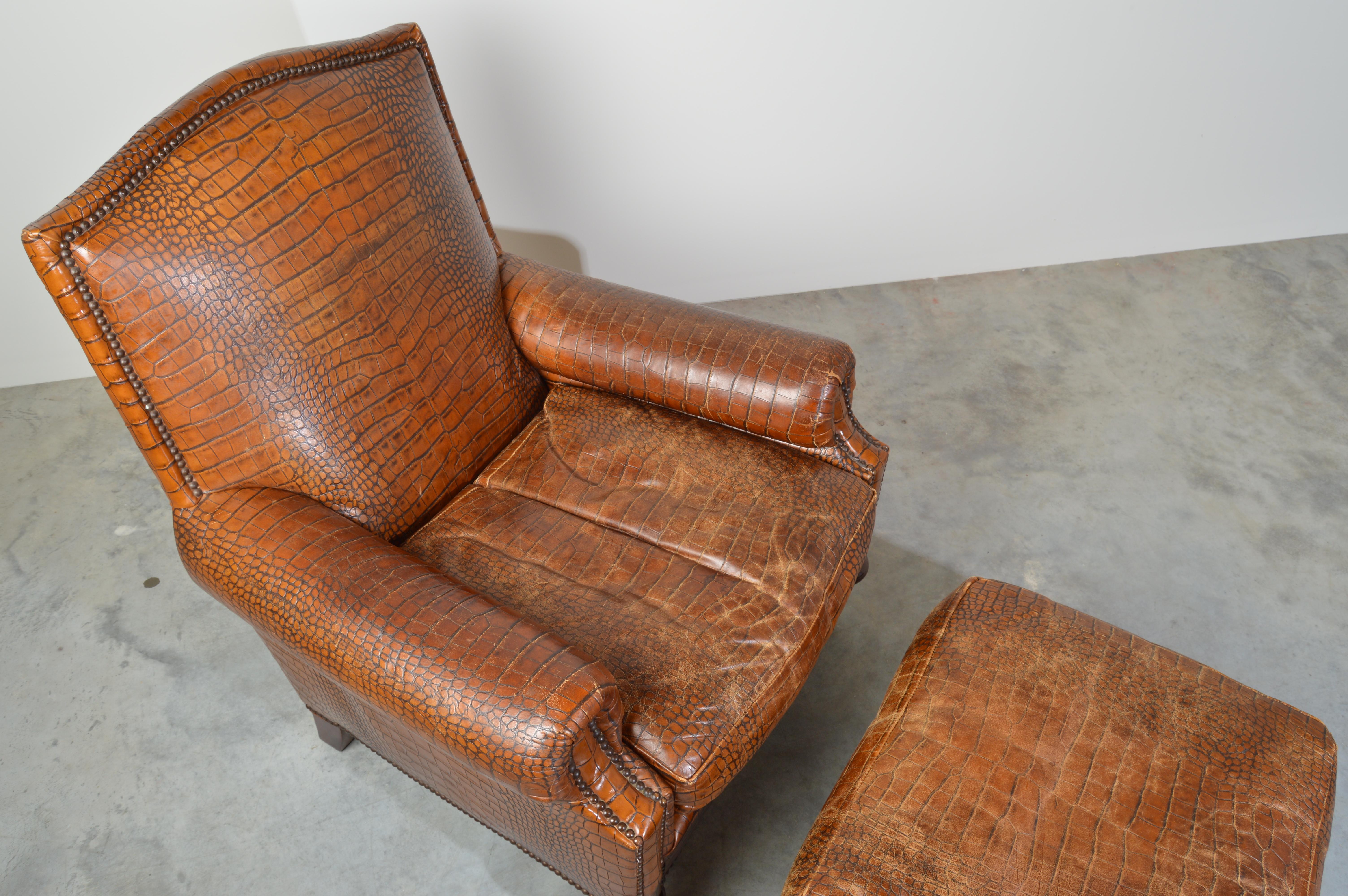 English Regency Gator Embossed Lounge Chair and Ottoman by Pearson In Good Condition In Southampton, NJ