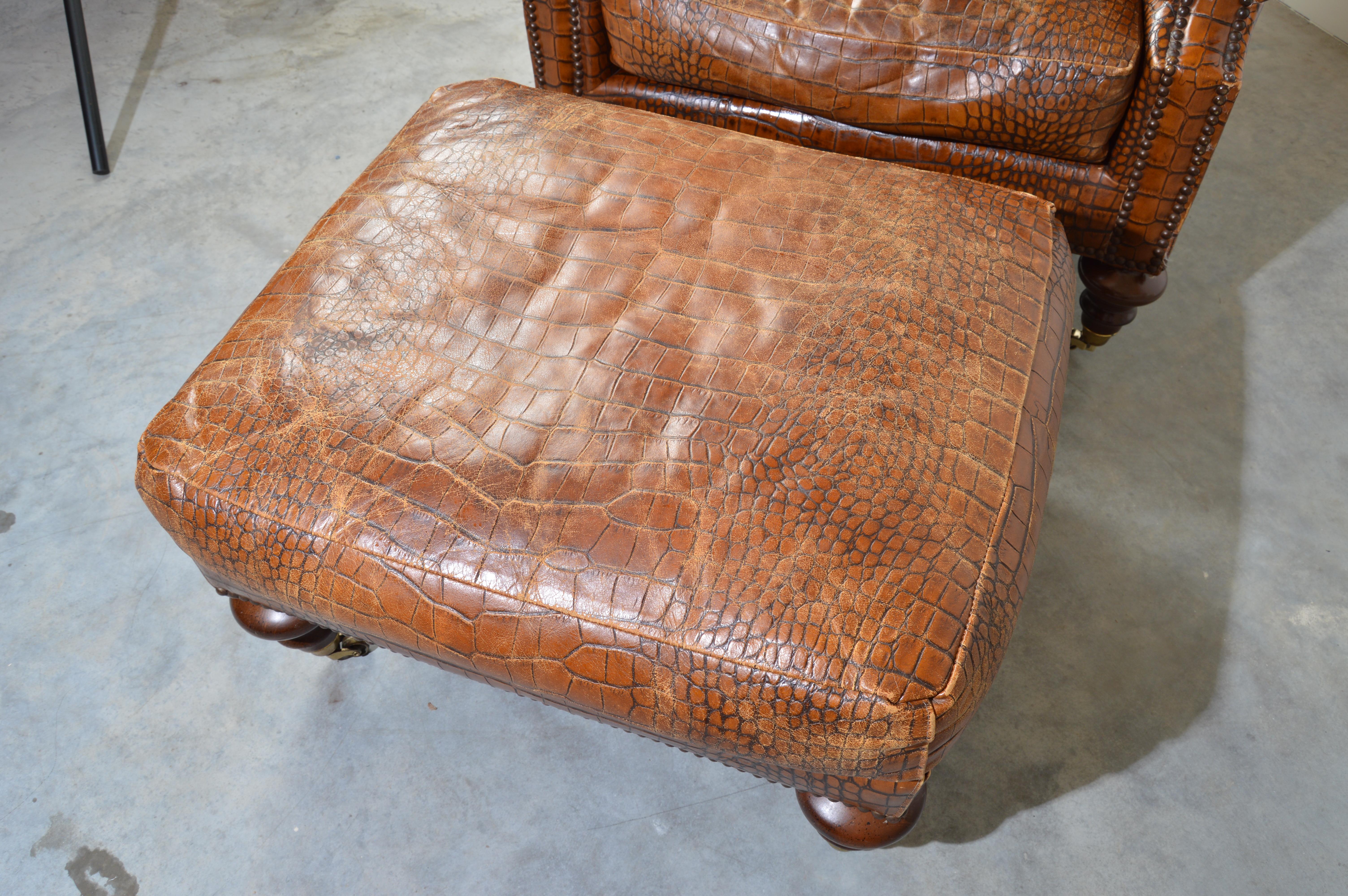 20th Century English Regency Gator Embossed Lounge Chair and Ottoman by Pearson