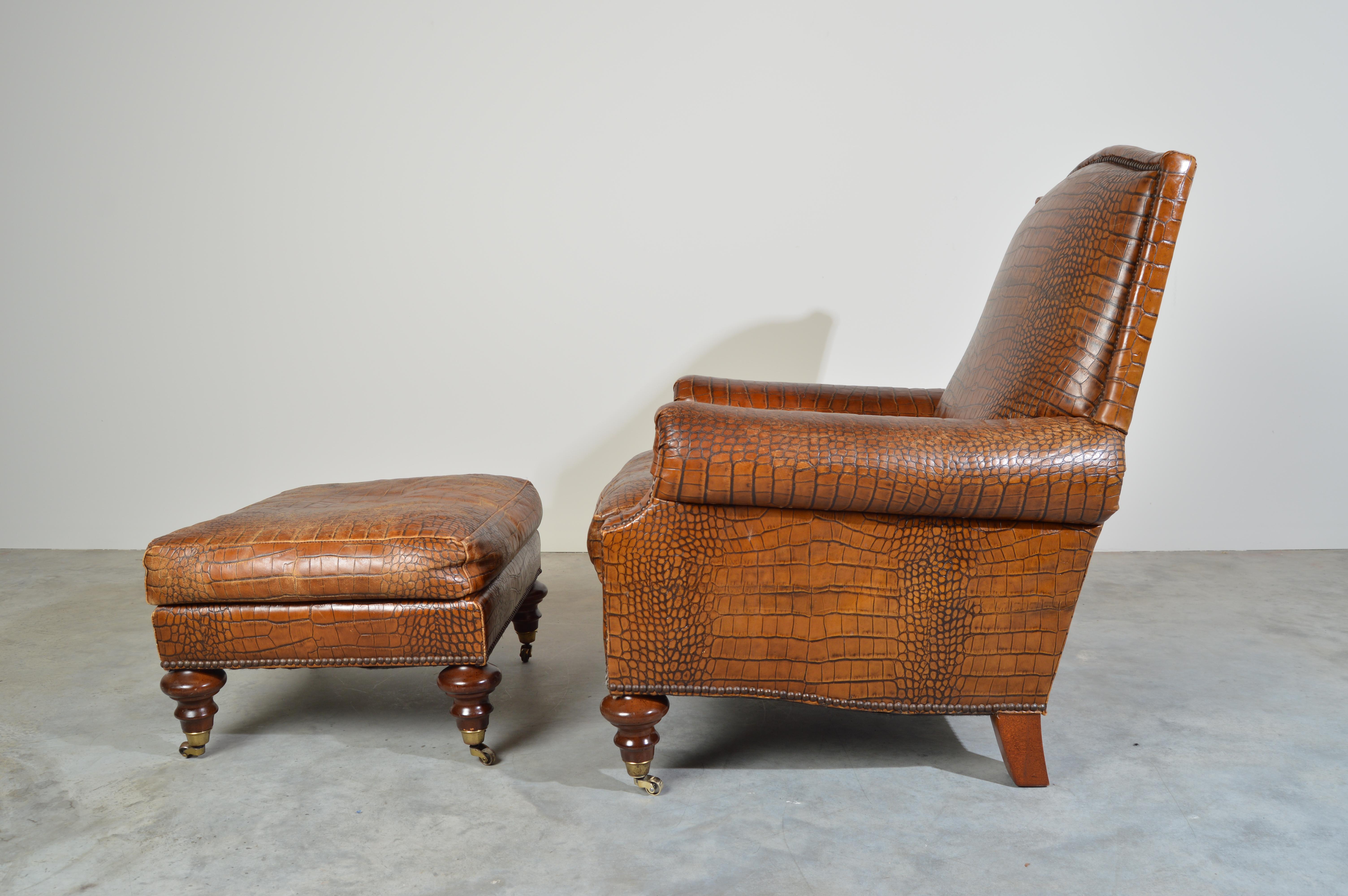 Leather English Regency Gator Embossed Lounge Chair and Ottoman by Pearson