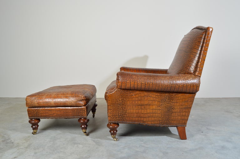 English Regency Gator Embossed Lounge Chair and Ottoman by Pearson 1