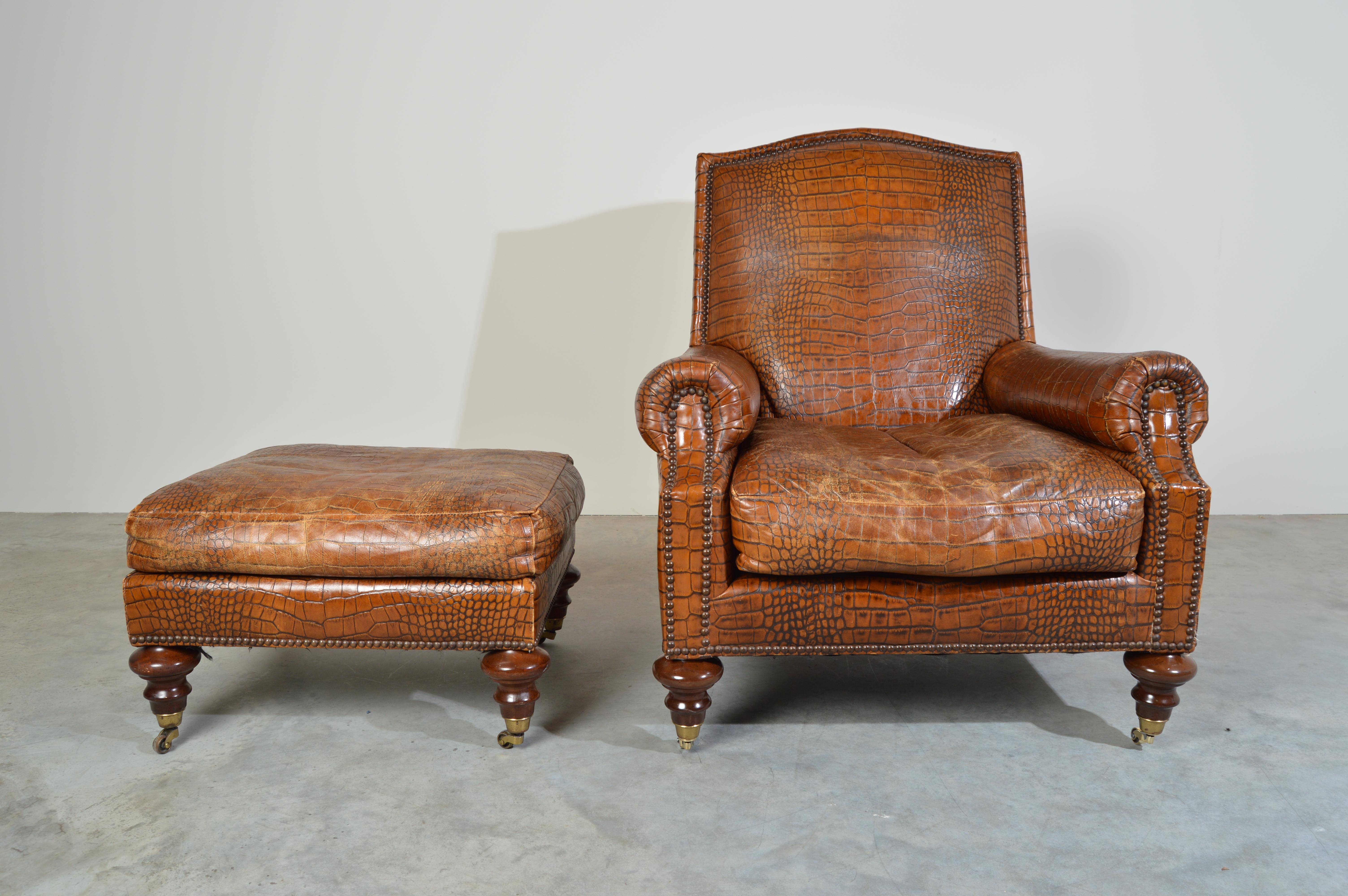 English Regency Gator Embossed Lounge Chair and Ottoman by Pearson 1
